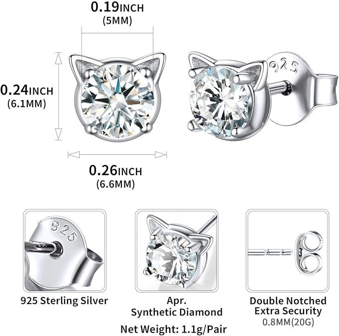ChicSilver 925 Sterling Silver Cat Earrings for Women, Hypoallergenic Sterling Silver Round Birthstone Earring Cute Cat Stud Earrings with Gift Box