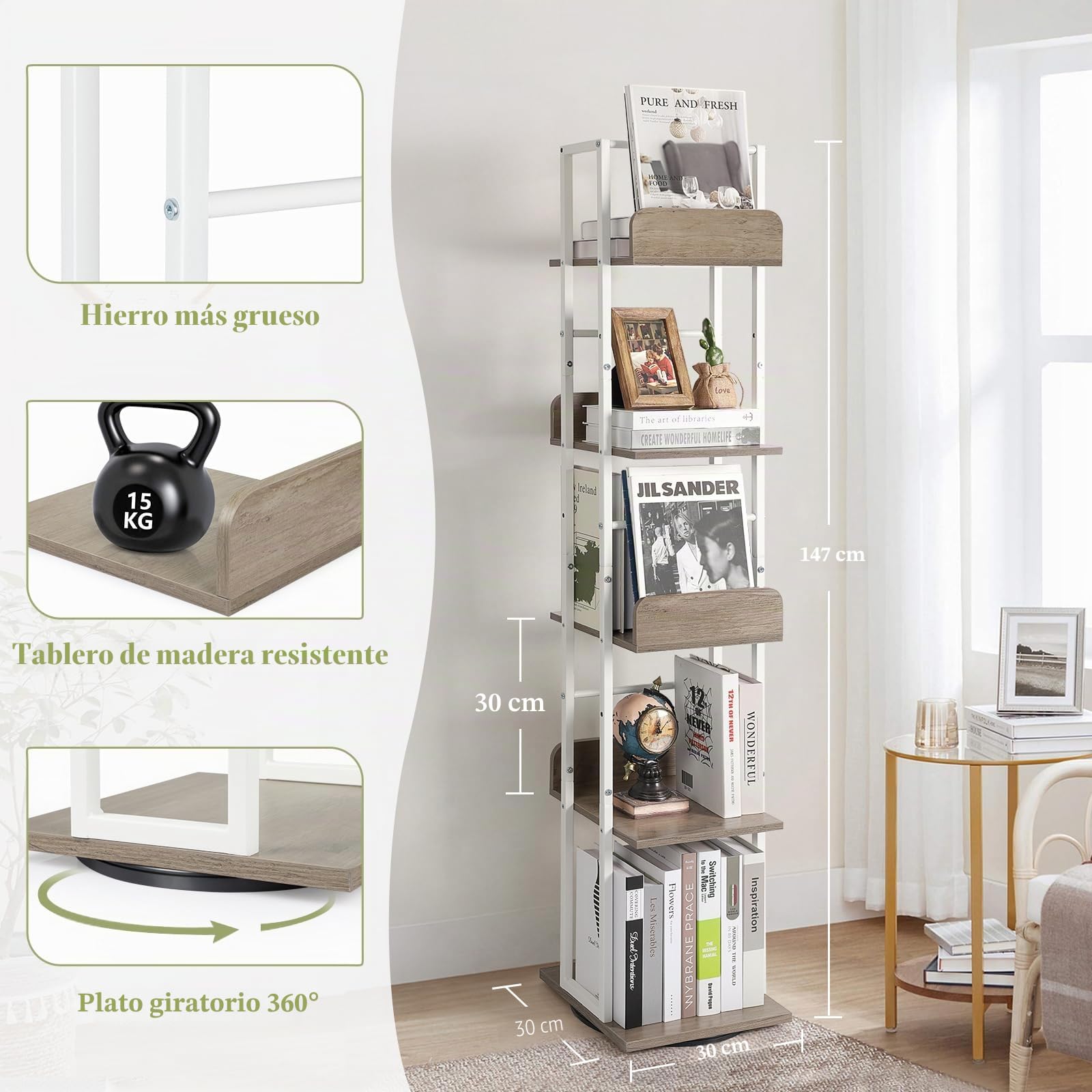 Bikoney Estantería Giratoria de 5 Niveles, Librería de Esquina en Torre, Estantería Alta y Estrecha de Estilo Industrial, Mueble de Metal para Salón, Oficina y Espacios Reducidos (Blanco y Gris)