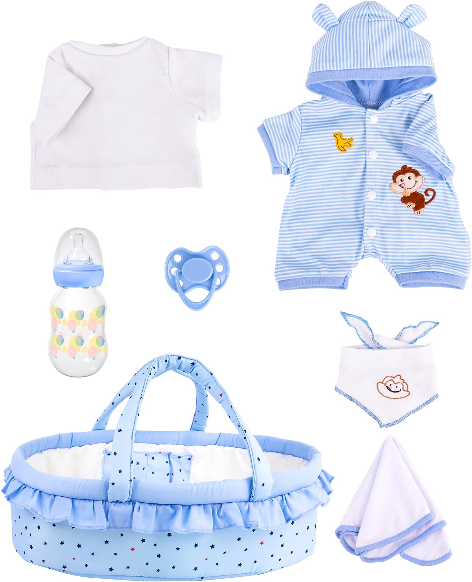 Aori 7 Pcs Reborn Baby Dolls Outfit Set with Bassinet Accessories for 16-18 Inch Newborn Doll, Blue Carrier Bed and Baby Clothes fit Newborn Doll