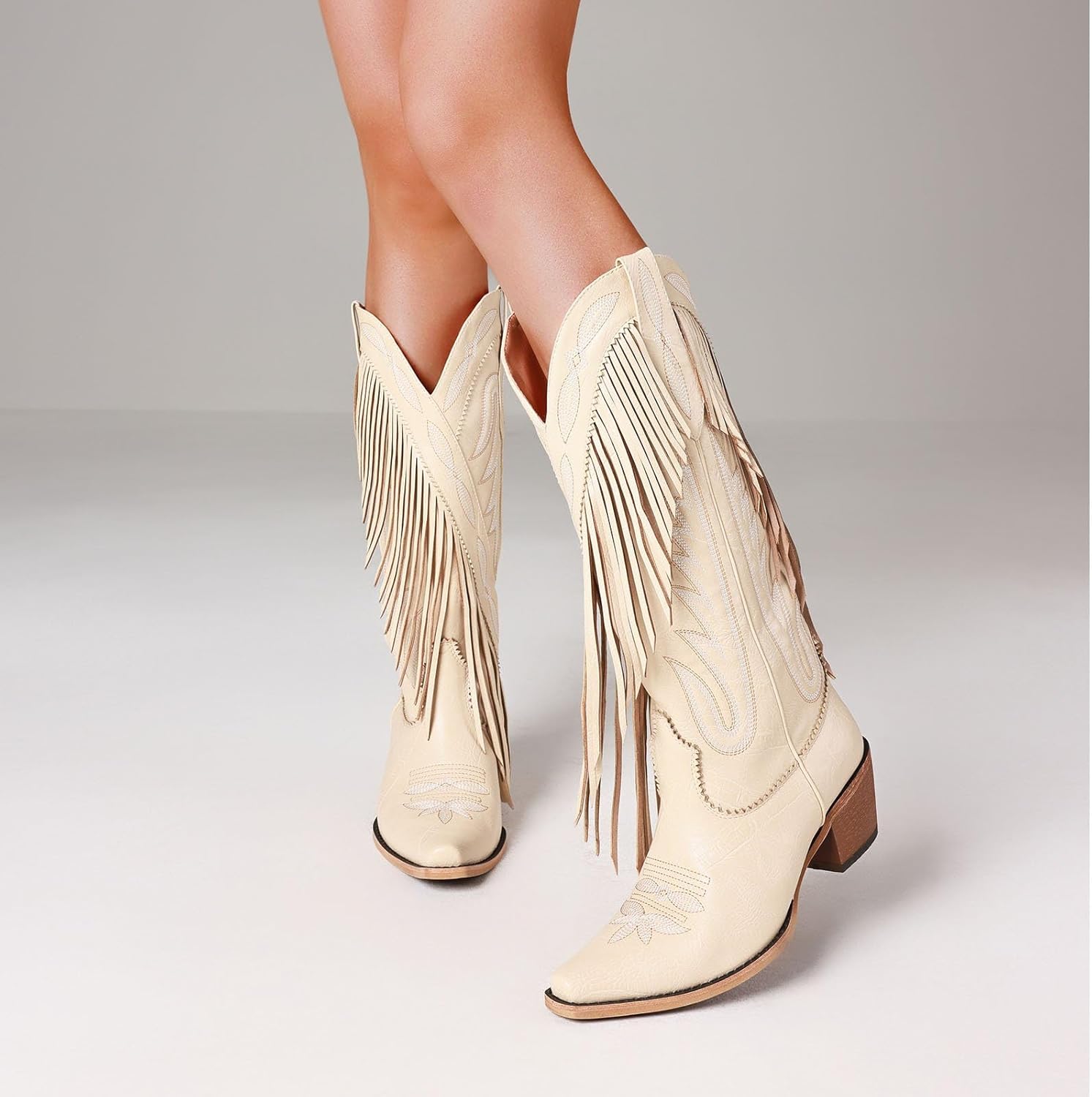 Mattiventon Cowboy Boots for Women Fringe Knee High Cowgirl Western Boots with Classic Embroidery Pointed Toe Chunky Heel for Weddings Parties - Image 2