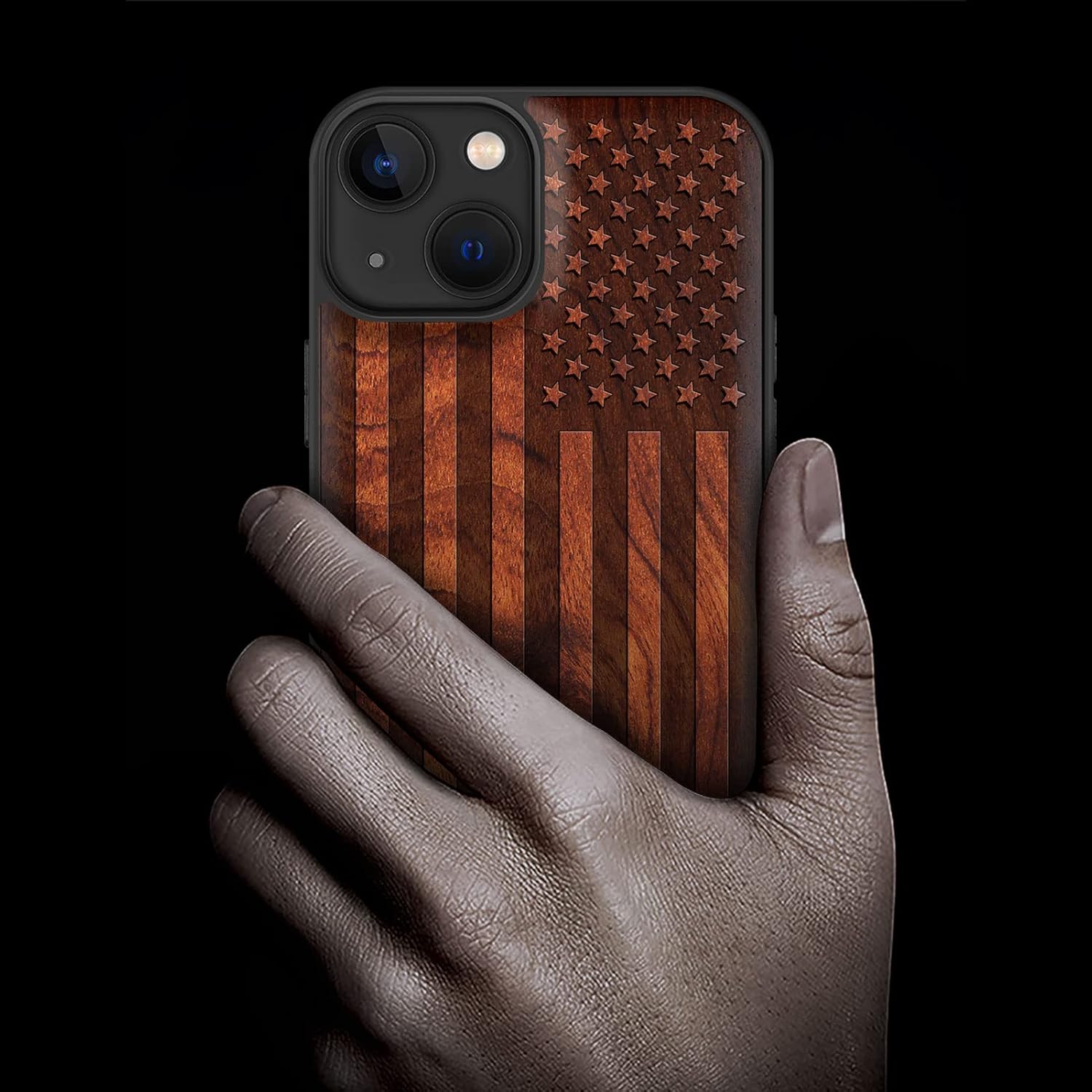 Carveit Magnetic Wood Case for iPhone 13 Case [Hard Real Wood & Soft TPU] Unique & Classy Wooden Shockproof Hybrid Protective Cover Compatible with MagSafe (American Flag-Rosy) - Image 2