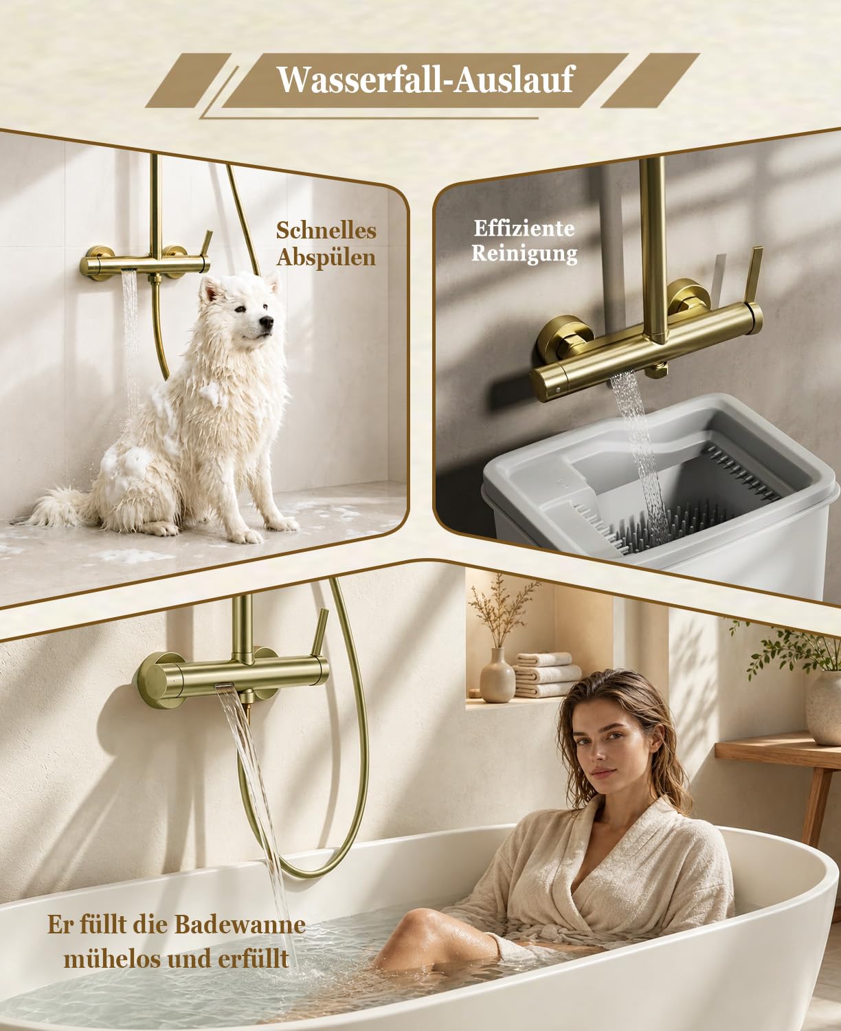 Duschsystem,Duscharmatur Komplettset gold 3 in 1, mit 23 cm Regenduschkopf | Duscharmatur Set gold mit Handbrause 3 Modus, wasserfall Badewannenarmatur, Duschsäule Messing, Höhenverstellbar, Duschset