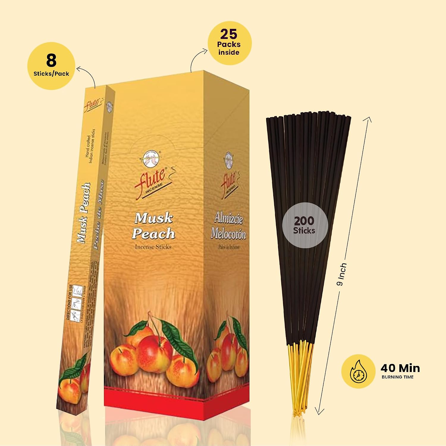 Flute Musk Peach Incense Sticks – Warm Musk & Fruity Peach Incense for Relaxation, Focus & Home Fragrance – 8 Sticks/Pack, 25 Packs/Box (9 Inch, 200 Sticks) | 40 Minutes Burn Time