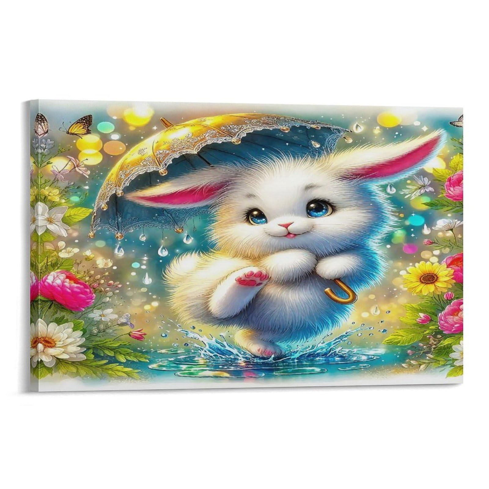 CPLVKWRQJ Sleeping Rabbit Under Moonlight Single Fluffy White Bunny Flower Splash Sunny Brook Canvas Wall Art - Nursery Canvas Wall Hanging Space Saving Ready to Hang Decor 20x30inch(50x75cm)