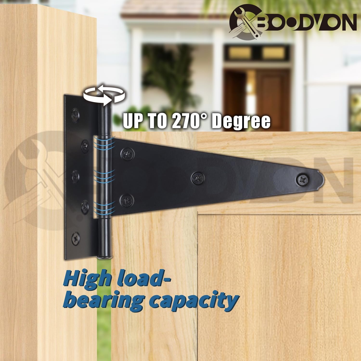 8 Inch T-Strap Gate Hinges, Shed Barn Door Hinges Heavy Duty, Black Tee Hinges for Wooden Fences, Yard Gate, Wrought Hardware Iron Rustproof (6Pack/Set)