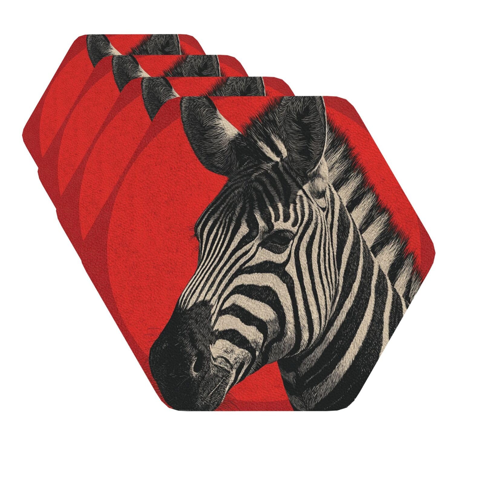 Drink Coasters Set of 4 Quick-Dry Leather Coaster Zebra Red Coasters for Drinks Coffee Cup Mat Tabletop Protection Heat Resistant Coaster for Kitchen Bar Office Home Decor