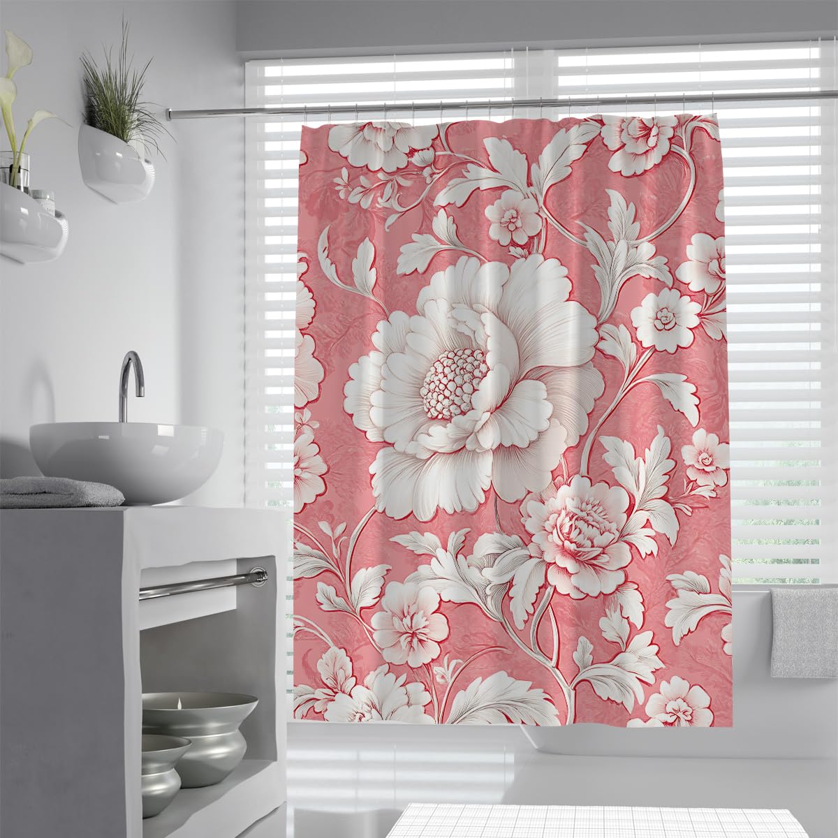 UIRINGART Classic Baroque Blossom Shower Curtain W120xL200cm Pink Wallpaper Style White Peony Motif Print Anti Mould Bath Curtains For Bath Tub Home Hotel
