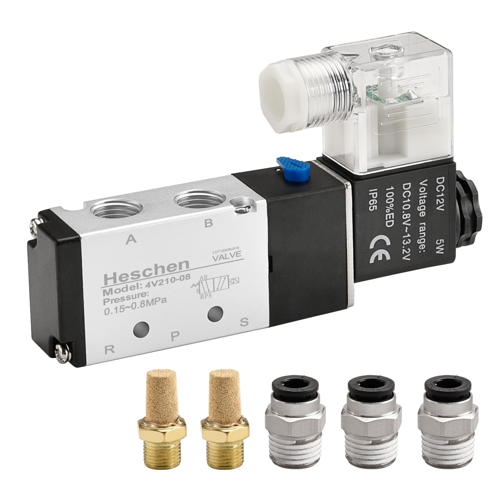 Heschen Elektryczny pneumatyczny zawór elektromagnetyczny 4V210-08 12 V DC PT1/4 5-drożny 2-pozycyjny pojedyncza cewka sterowana pilotem elektryczna CE z armaturą i tłumikiem
