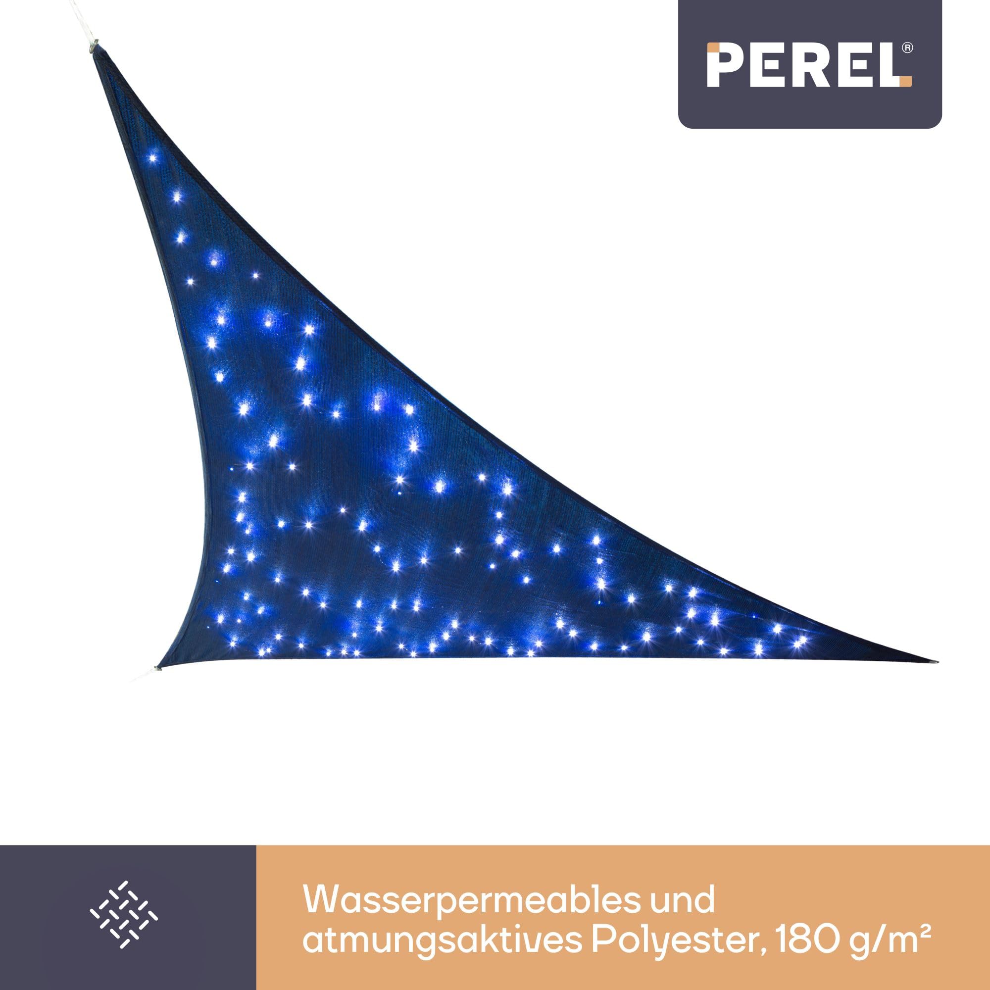 Perel Dreieckiges Sonnensegel mit 100 LEDs Sternenhimmel, atmungsaktives HDPE, wasserdurchlässig, UV-Schutz 90%, 3.6 x 3.6 x 3.6 m Solar LED Beleuchtung, Shade Sail für Garten und Terrasse