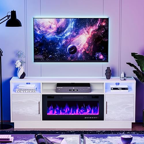 Miniatura 59 de BREEZEHEAT Soporte de TV eléctrico con chimenea de 36 pulgadas de hasta 80 pulgadas, centro de entretenimiento LED con puertas de alto brillo,