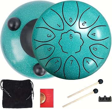6 Inch 11 Notes Steel Tongue Drum, Engraved Note Rain Drum, Pre-Tuned Handpan Drum with Mallets, Music Score & Storage Bag, Percussion Instrument for Relaxation, Camping & Gift Green