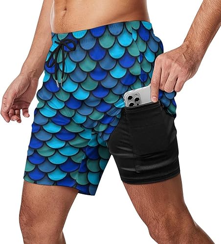 Miniatura 3 de Patrón azul de escamas de pescado Pantalones cortos de playa para hombre, forro de compresión, trajes de baño de secado rápido