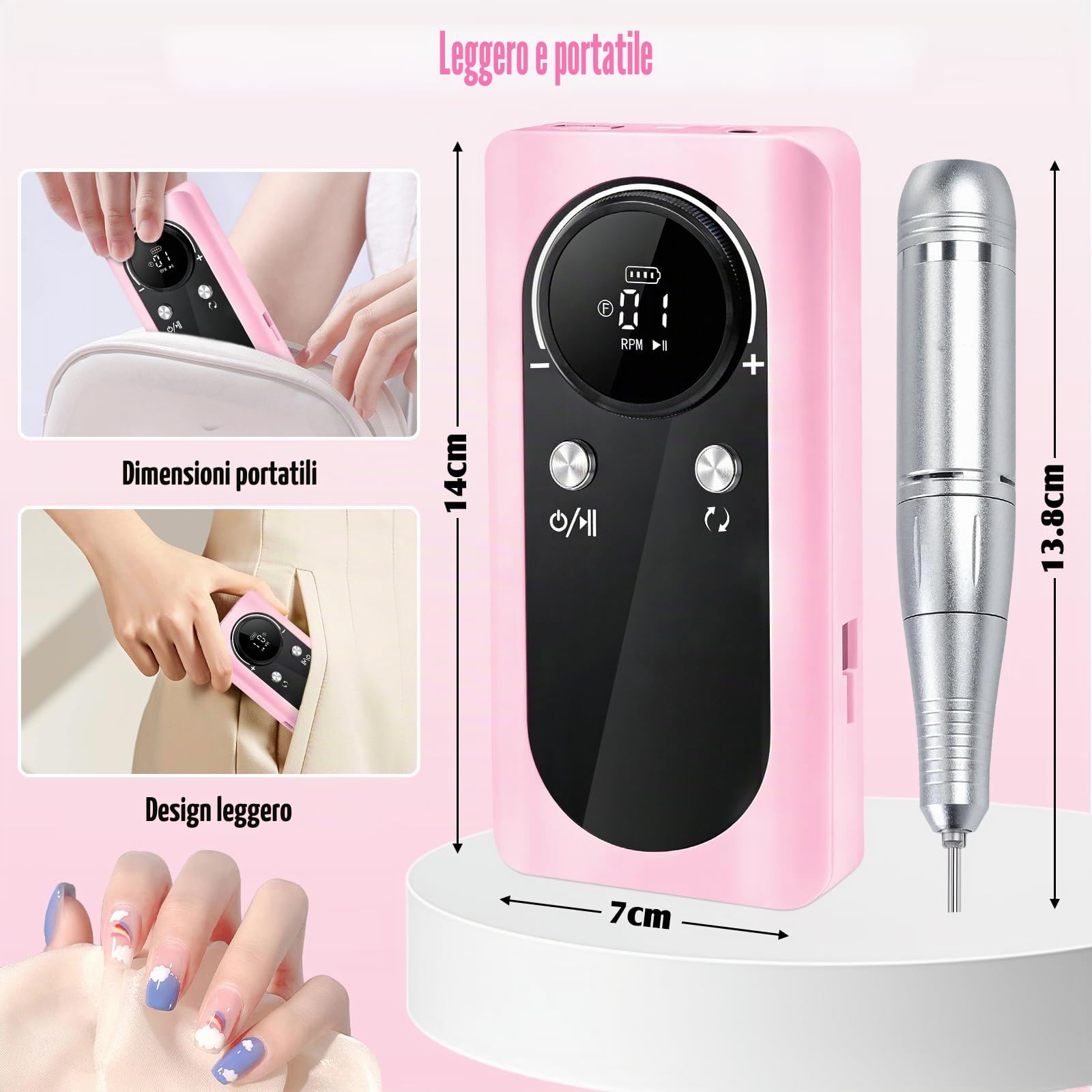 Fresa per Unghie Professionale 45000 Rpm, 13 in 1 Lima Unghie Elettrico Con Display Lcd, Velocità Regolabile, Portatile,Ricaricabile Micromotore, Kit per Manicure E Pedicure