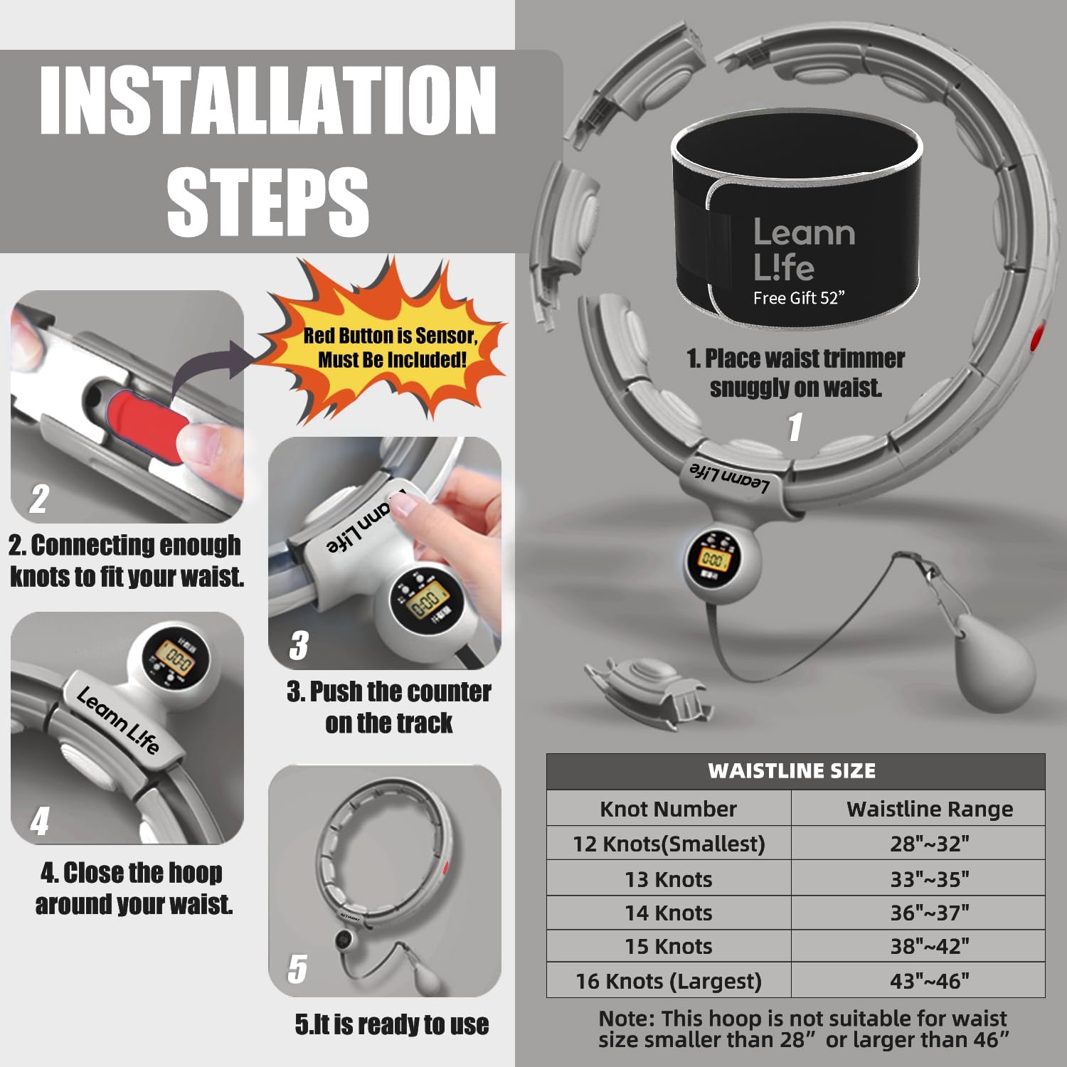 U5 Weighted Hoop (Gray 16 Knots, 28”-46”) with Smart Counter + 52” Waist Trimmer & Wash Bag Bundle