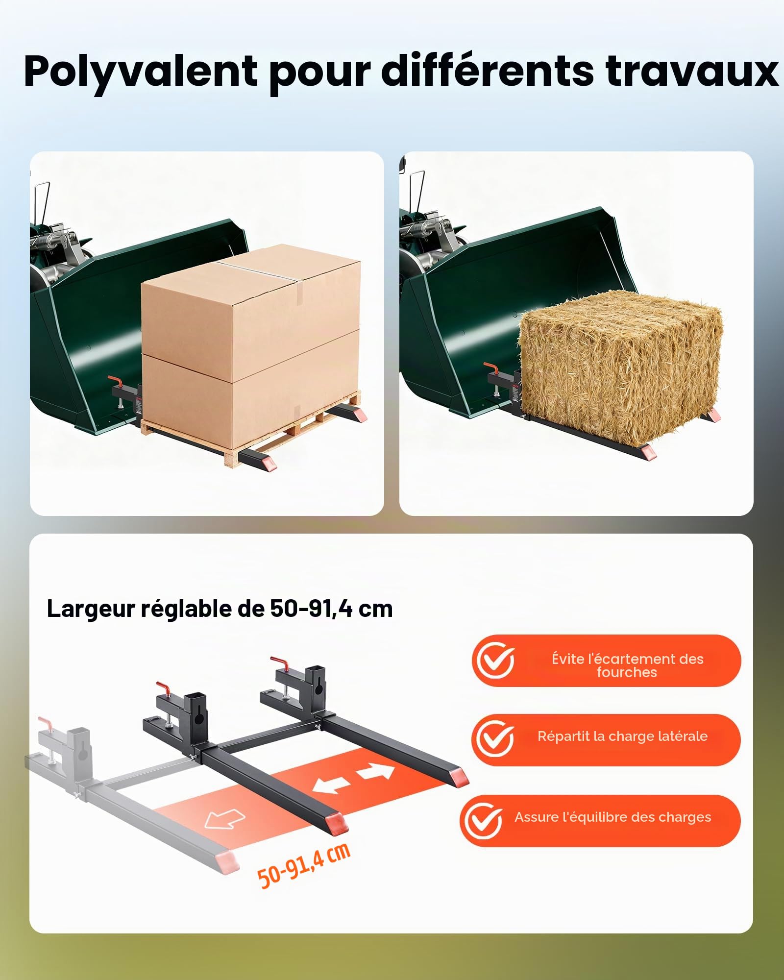 VEVOR Fourches à Palettes à Pince Charge 907 kg Fourches à Godet Longueur Totale 109 cm avec Barre Stabilisatrice Réglable 50-91,5 cm, Compatible avec Godet de Chargeuses Compactes Tracteurs, Noir