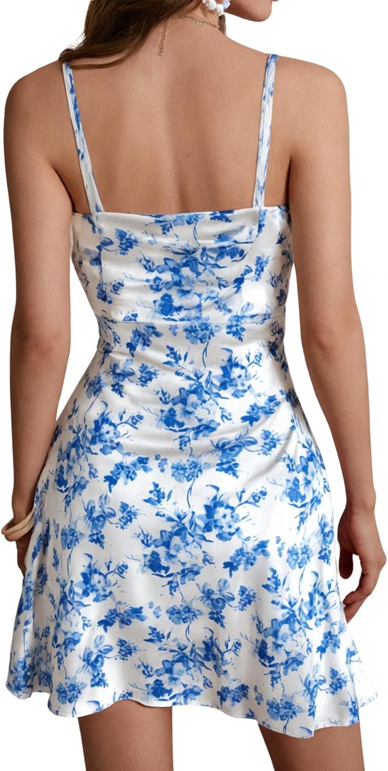 Women's Boho Floral Print Mini Dress Spaghetti Strap Ruched Mesh Vacation Dresses - Image 2