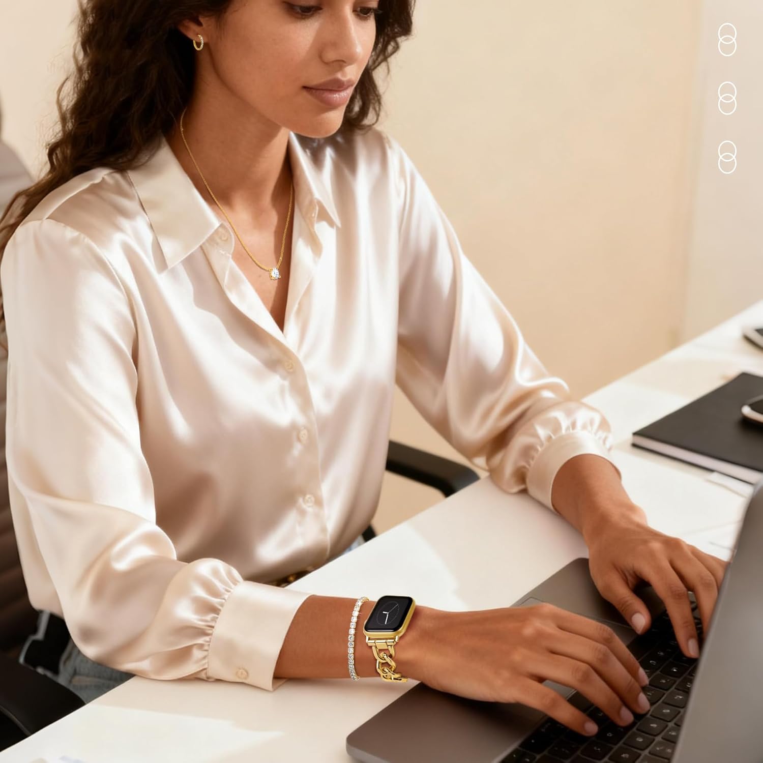 Gold Slim Band and 3Pcs Diamond Jewelry Set for Women Compatible with Apple Watch 38mm 40mm 41mm 42mm(S10/11) Adjustable Metal Dressy Bracelet for iWatch Series 11/10/9/8/7/6/5/4/SE/3/2/1 - Image 9