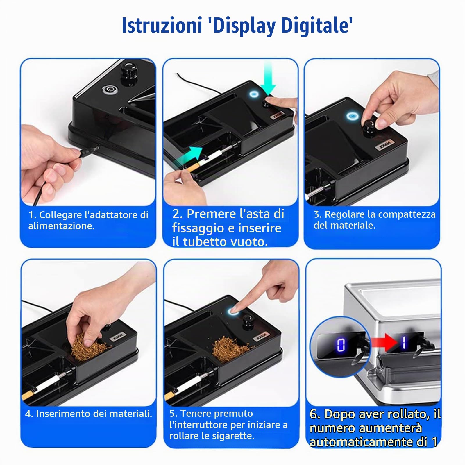 Macchinetta per Sigarette Elettrica, Macchinetta Riempitubi Elettrica Macchina Sensore Intelligente o Display Digitale a LED 6,5 mm/8 mm Black Digital Display