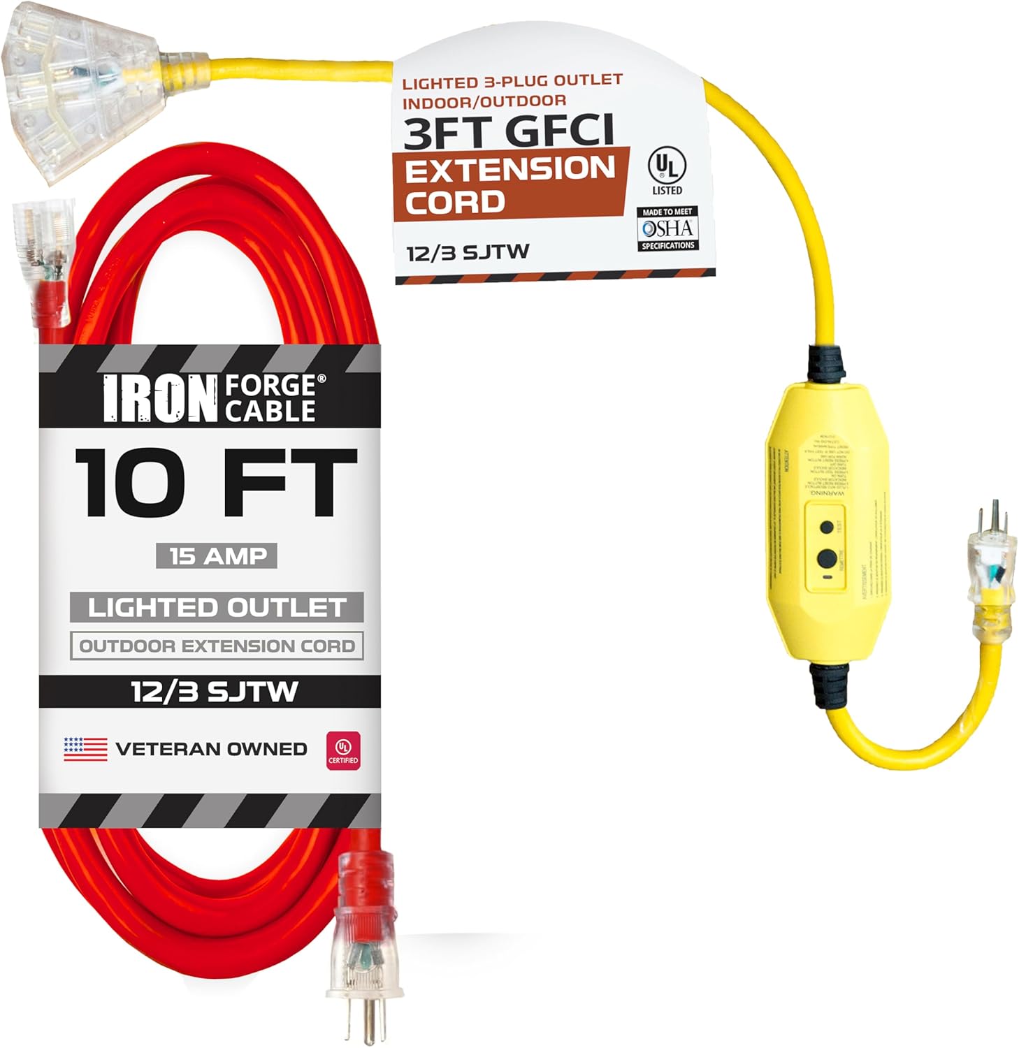 Iron Forge Cable Yellow 3 Ft Lighted Outdoor GFCI Extension Cord with 3 Outlets - 12/3 SJTW 15AMP Heavy Duty Pigtail Extension Cable & Red 10 ft Lighted Outdoor Extension Cord - 12/3 SJTW 15AMP Cable
