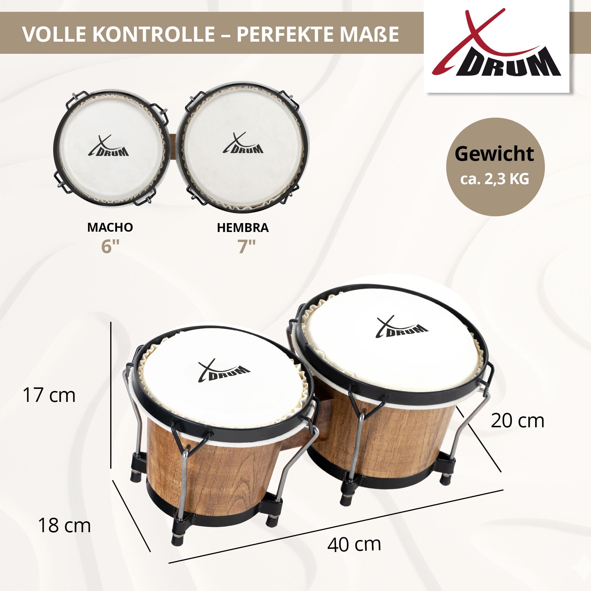 Set XDrum Bongos Club Tobacco incl. Bolsa para Bongos, Parches naturales | 2 tambores ("macho" y "hembra"), Tamaños de bongos: 6" y 7", Madera: abedul, Herrajes cromados, Medidas (Al x An x Pr): 16