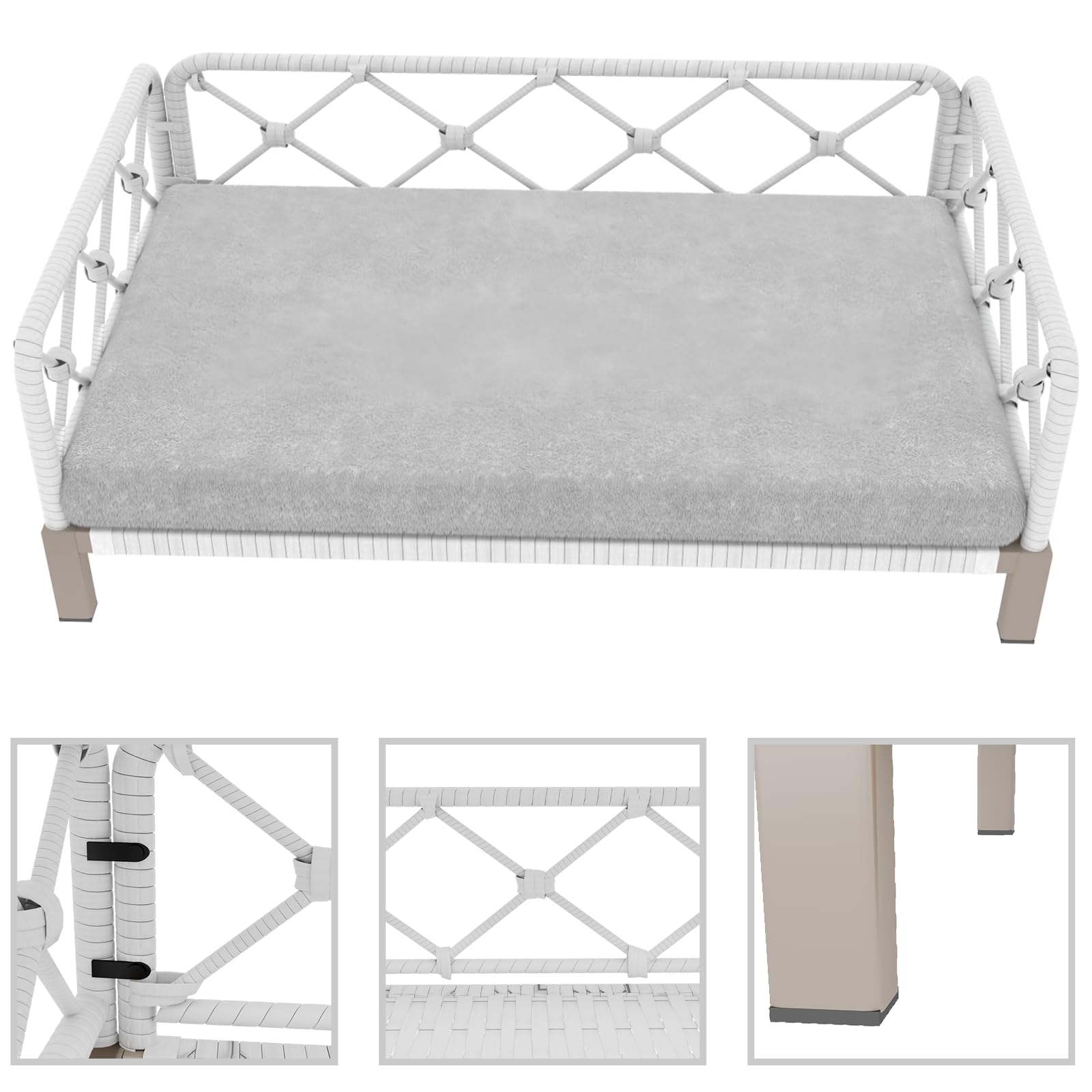 Dog Bed, Outdoor Waterproof Elevated Dog Couch with Washable Removable Cushion, Boho White Rattan Wicker Orthopedic Indoor Raised Pet Sofa for Large Dogs (40" x 25", Gray) - image 6