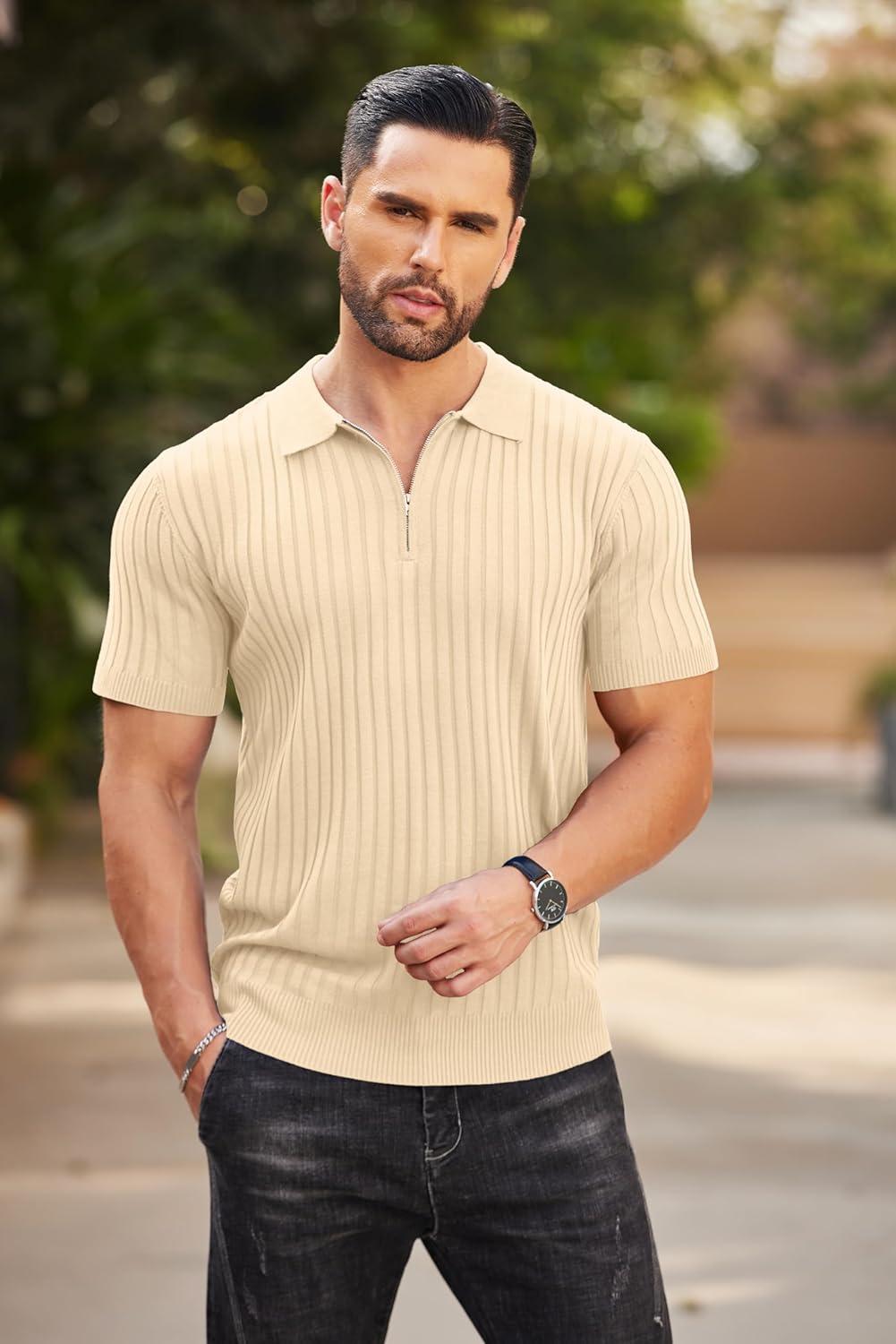 COOFANDY Men's Zipper Polo Shirts Short Sleeve Ribbed Knit Polo T Shirts Fashion Casual Golf Shirts - Image 3