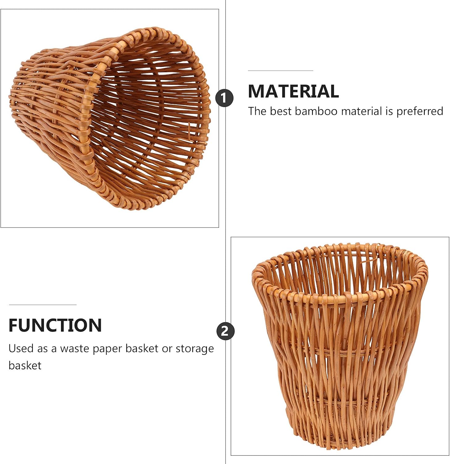 Wakauto Desktop Organizer Wicker Rattan Waste Basket Woven Trash Can Garbage Can Vintage Waste Bin Wastebasket Beige Creative Storage Basket