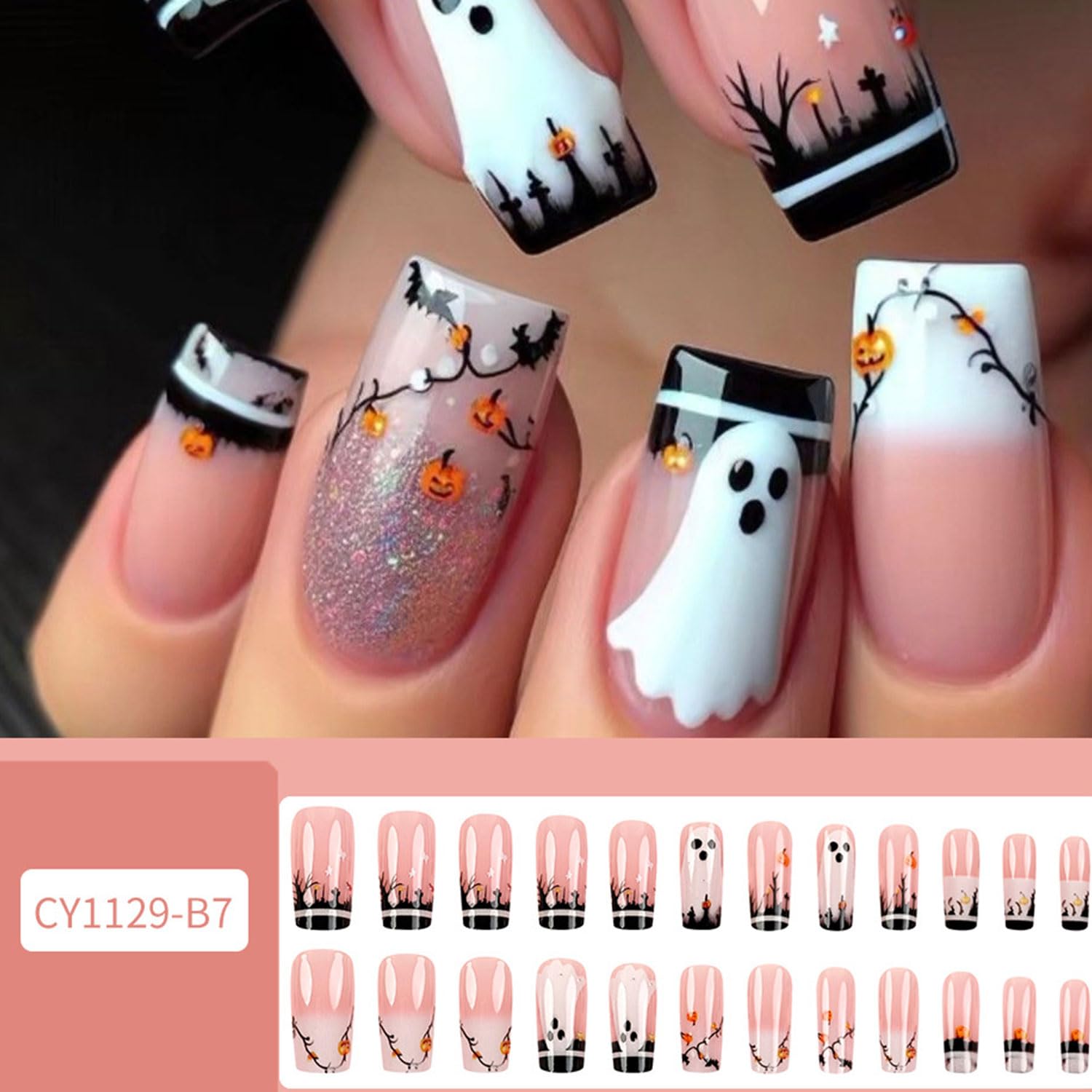 Halloween Press on Nails Ghost Fake Nails Medium Square Stick on Nails Pumpkin Bat with Designs False Nail Full Cover Glue on Nail Glossy Glitter Holiday Acrylic Nail for Women 24Pcs