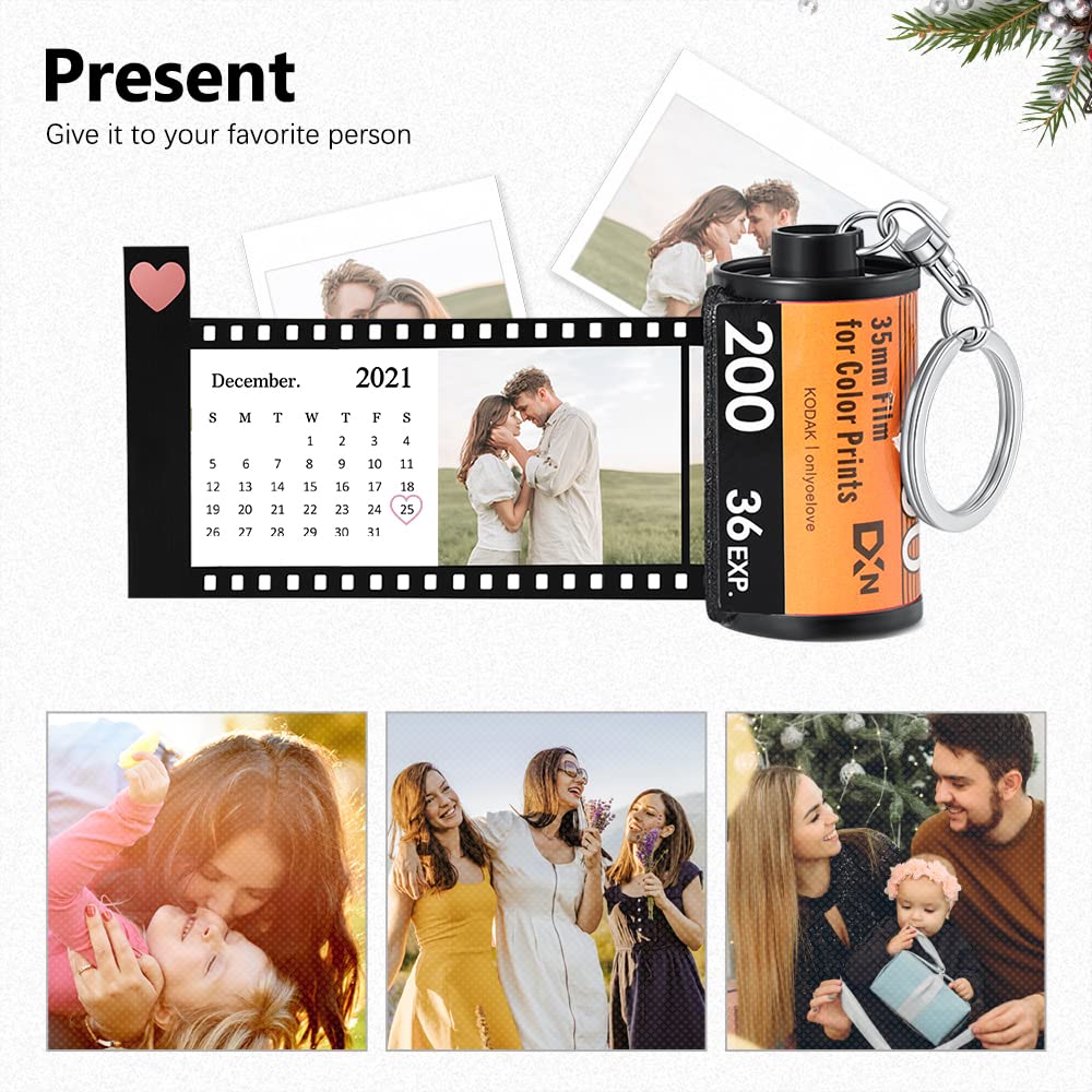 Jewelstruck Llavero personalizado con rollo de película fotográfica, llavero de cámara de fotos personalizado, regalos para novio, pareja, mejor amiga, 14 Fotos+calendario, 47*25mm