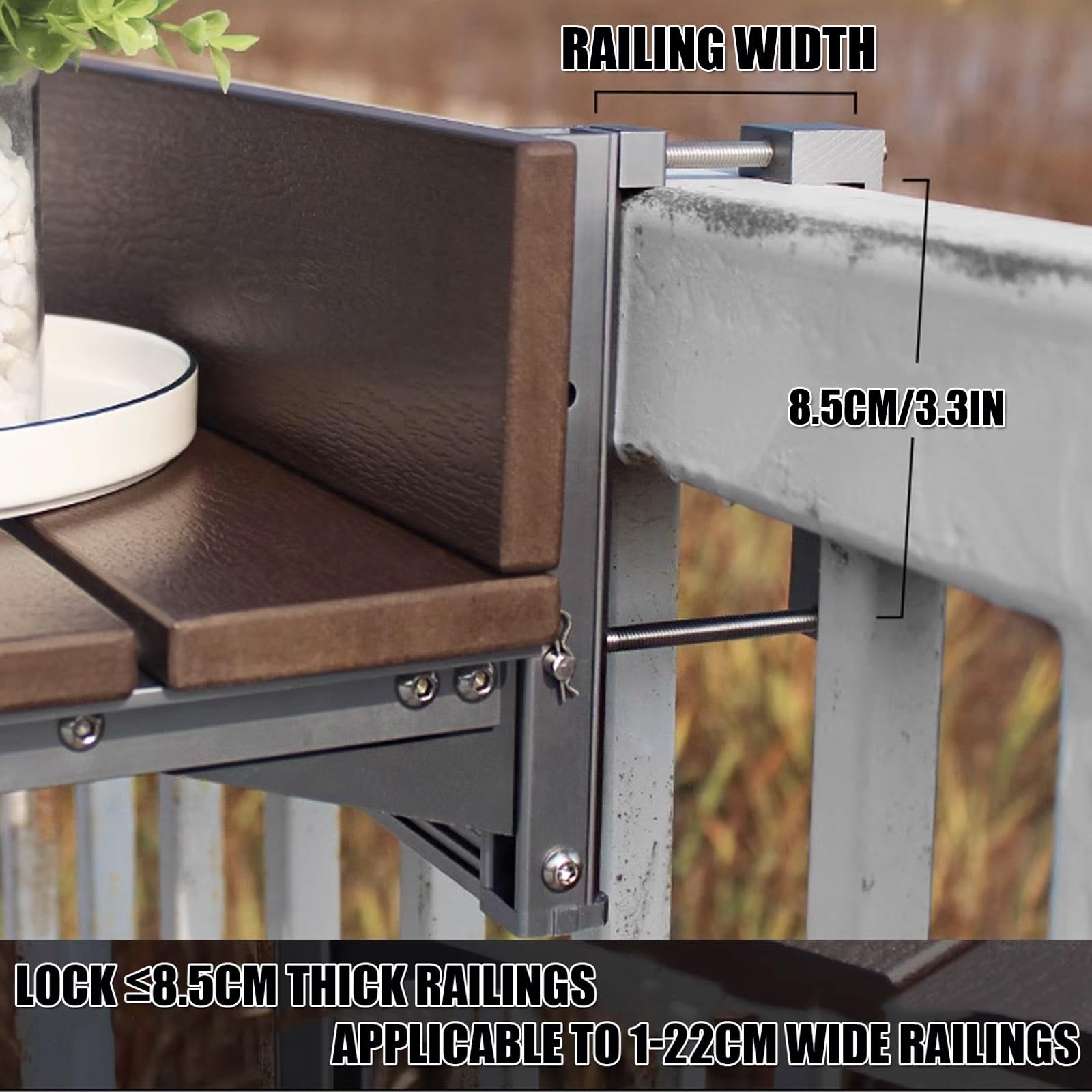 Mesa de bar plegable para balcón para barandillas, mesa de servicio para exteriores e interiores, banco de trabajo compacto para patio, terraza y balcón (31.5 pulgadas de largo x 14.6 pulgadas de
