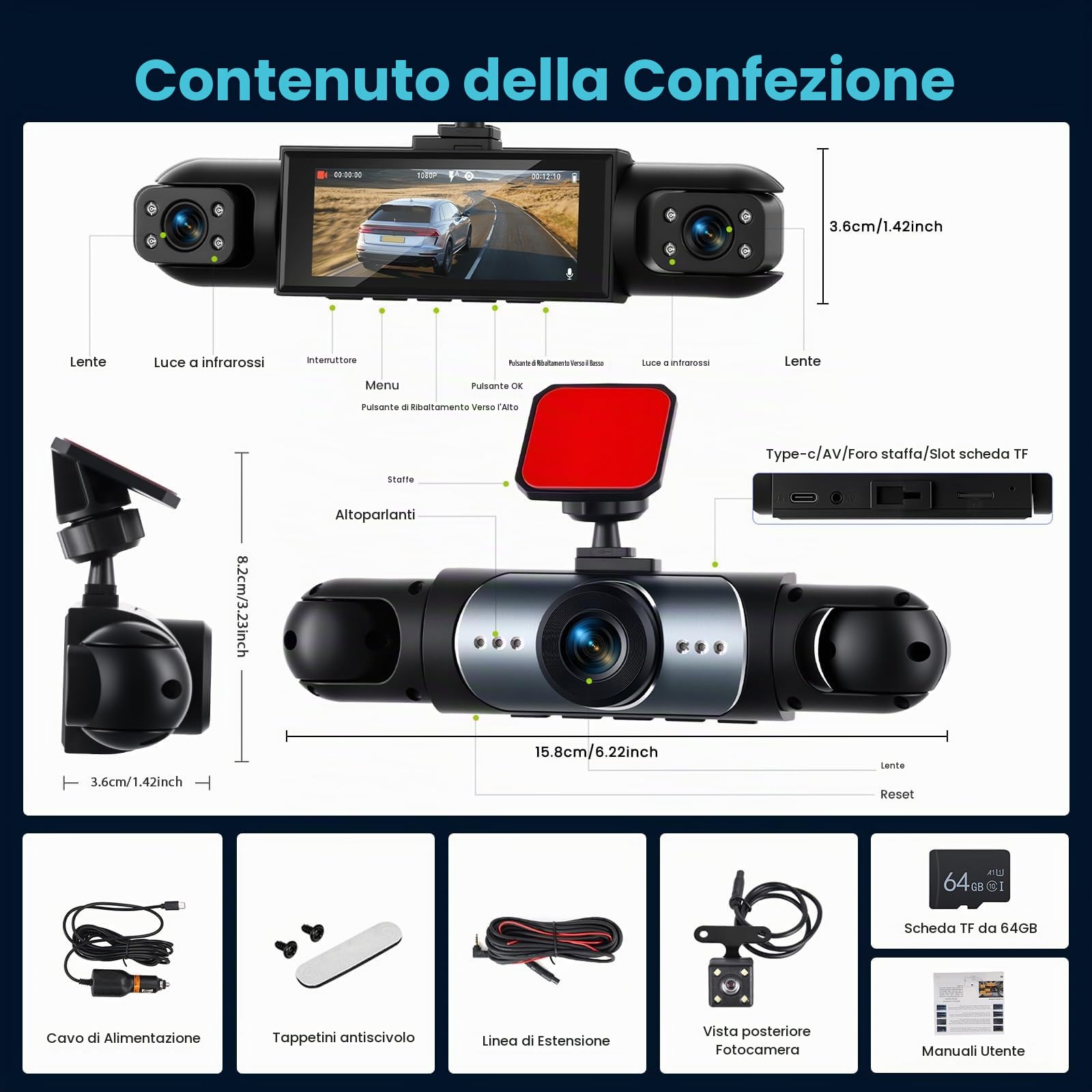Inefala Dash Cam 4 Canali 360 Gradi 1080P con Scheda 64GB | 3,16 Pollici Touchscreen IPS, Anteriore Interna Posteriore, G-Sensor, Registrazione Loop, Visione Notturna, Grandangolo
