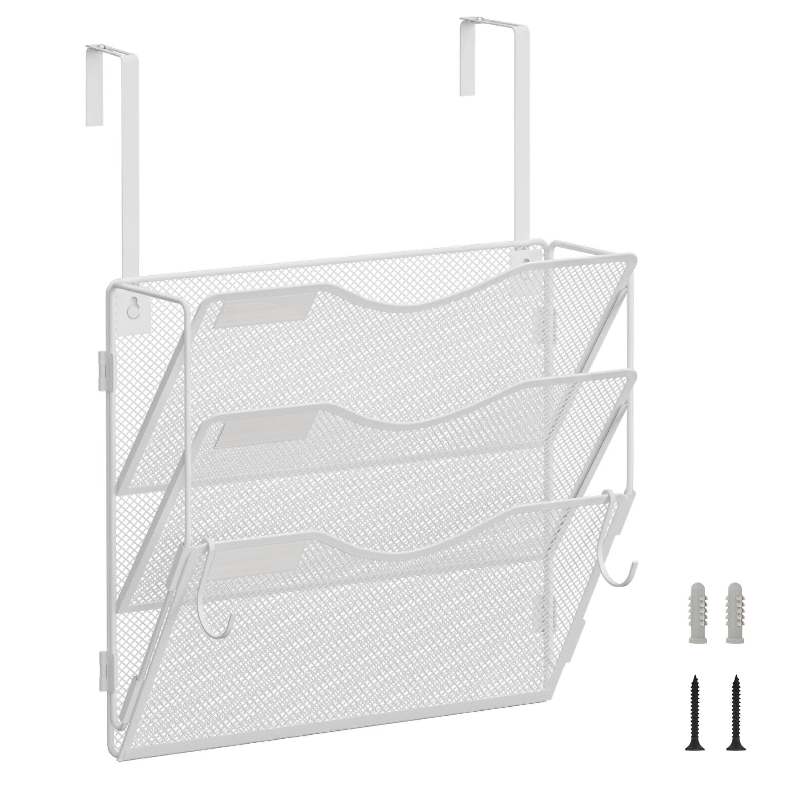BOHDK Wall File Organizer, Hanging File Folder Organizer, Vertical Mesh Metal Door/Wall Mount Hanging File Holder. Paper Document Magazine Rack with Hooks for Home Office Black (3 Pockets White)