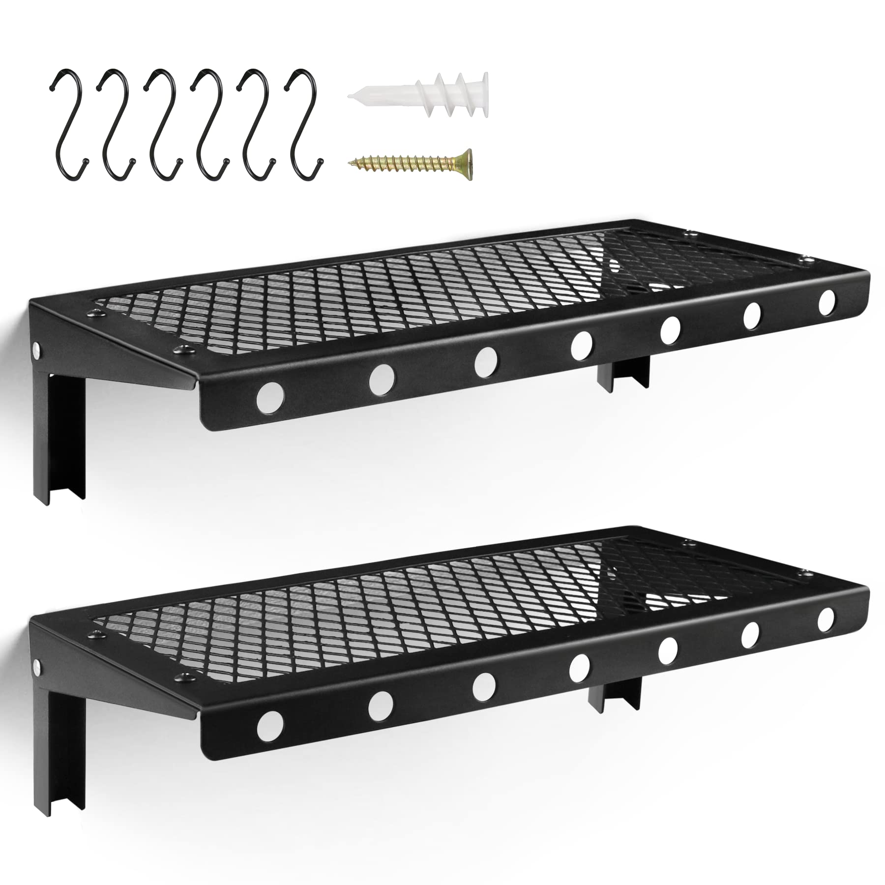 Floating Wall Shelves Set of 2, Black Floating Shelves,Wall-Mounted Bookshelf,Mesh Panel, Used in Living Room, Kitchen, Bathroom, Garage,Folding with Hooks.