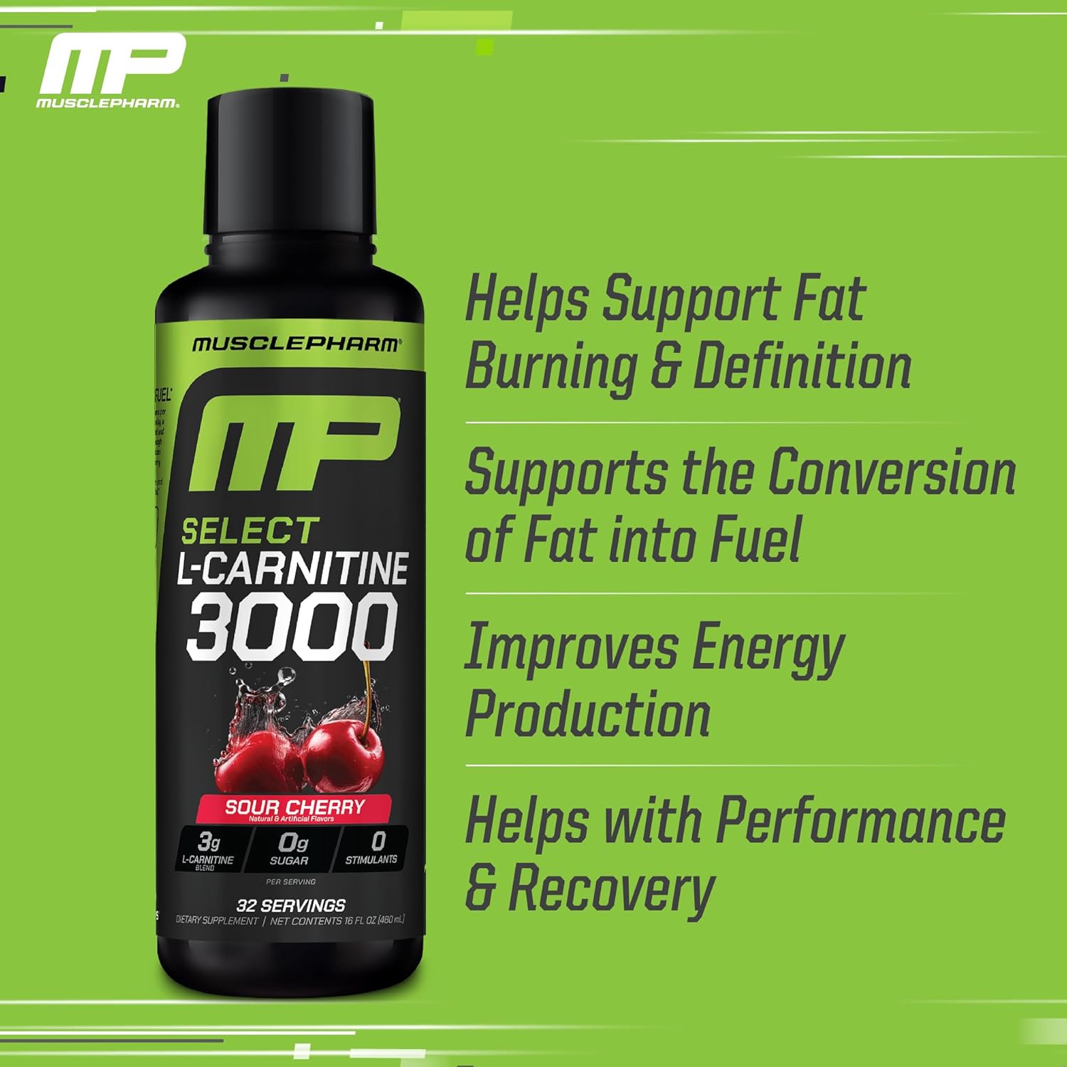 Muscle Pharm L-Carnitine 3000, The Ultimate Liquid L Carnitine Supplement for High-Performance, Supports Metabolism, Hydration & Energy, Zero Sugar, Low Calories, Sour Cherry Flavor, 32 Servings - Image 3
