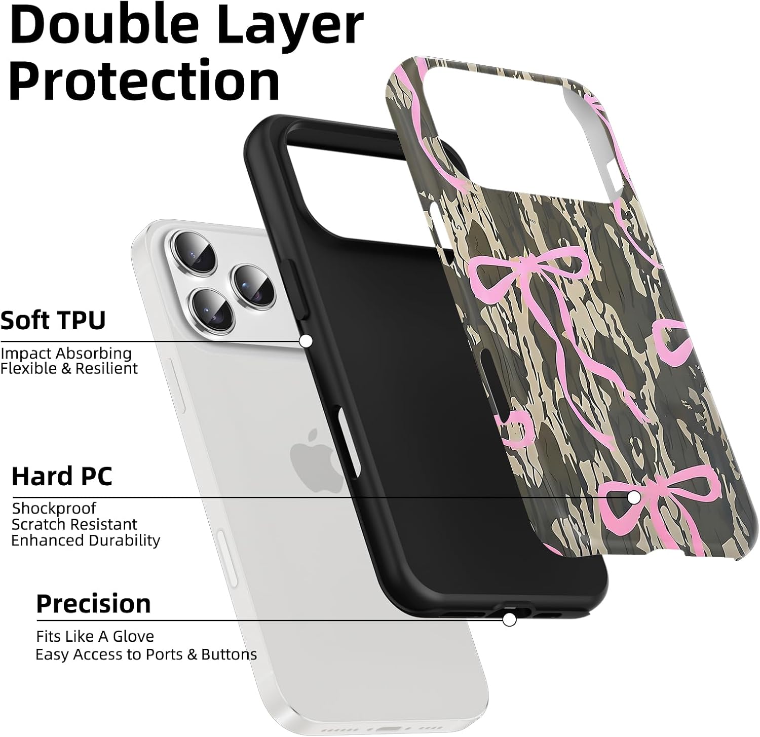 Cute Pink Bow Camo Phone Case for iPhone 17 Pro Max Bowknot Magnetic Case 6.9" Compatible with Magsafe, Aesthetic Trendy Ribbon Bowknot Pattern 2-in-1 Cover Shockproof Slim for Women Girls image 4