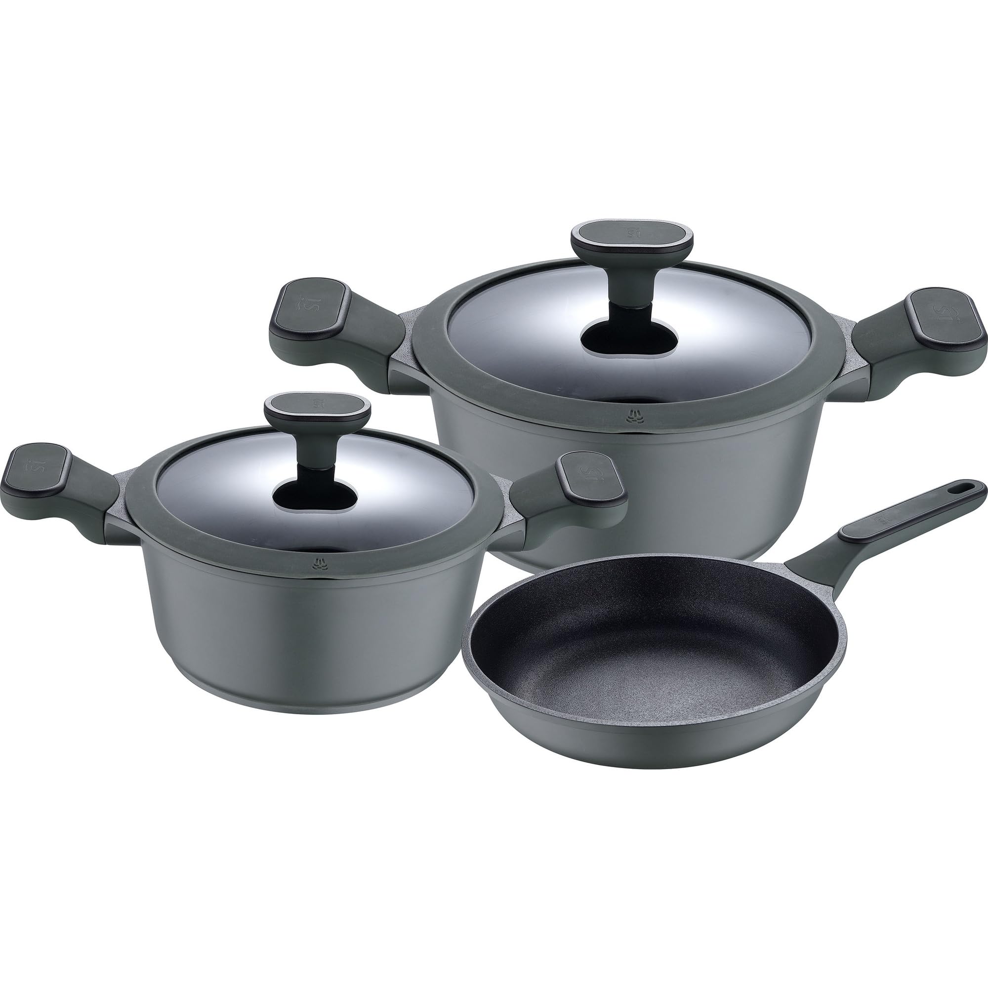 Zestaw 5pcs bateria kuchenna: patelnia bez pokrywy 24 (1,9 L), patelnie z pokrywką 20 (2,46L) i 24 cm (4,3L), odlewane aluminium, nadaje się do indukcji, kolekcja Solo od San Ignacio