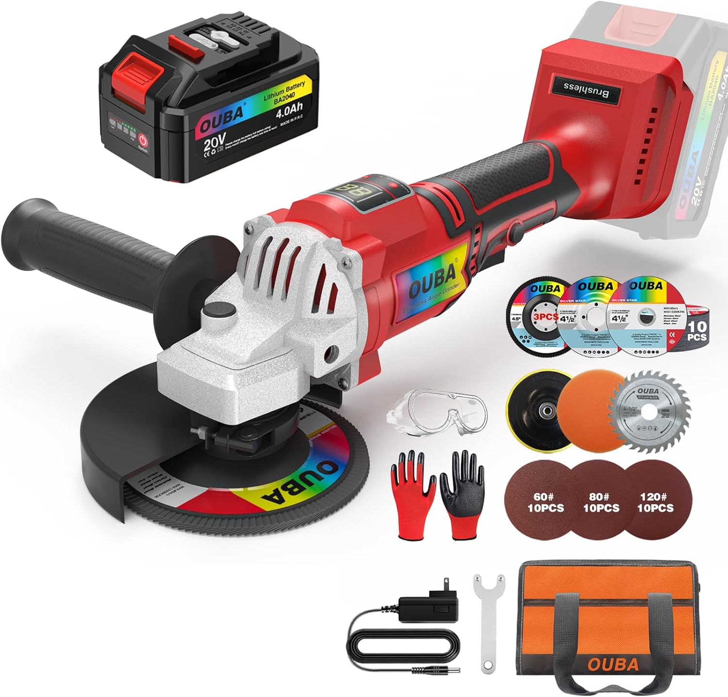 OUBA Cordless Angle Grinder Compatible for Dewalt Battery 20V Power Angle Grinder, 4.0Ah Battery, Metal Grinder with LED,6 Speed, 4-1/2" Cutting Wheel, Angle Grinder Stand, Flap Disc Grinding, Red