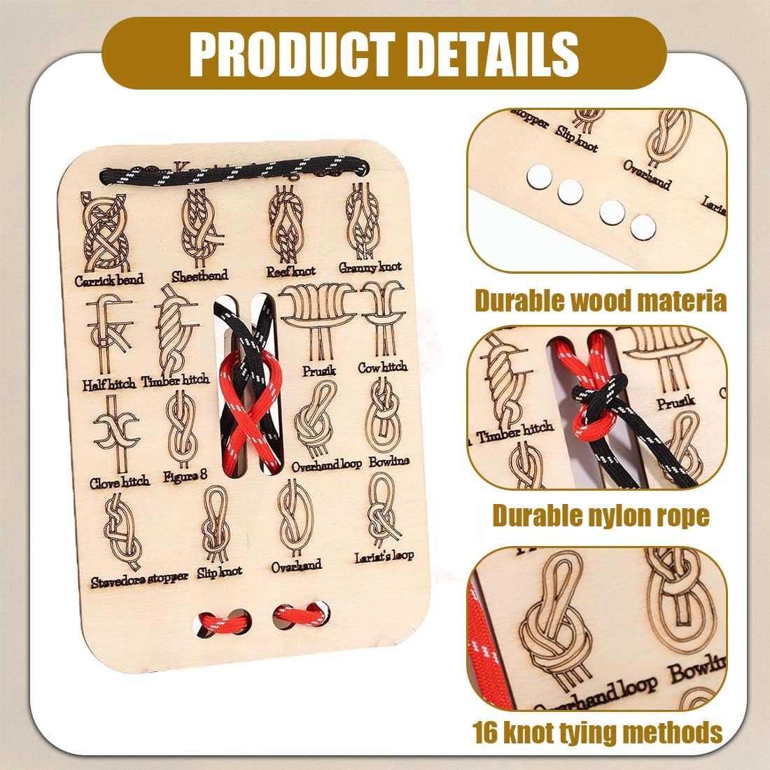 1 Kit Tabla De Práctica Para Hacer Nudos, Kit Entrenamiento De Nudos De Madera, 16 Esenciales Con Cuerdas Paracord, Para Exteriores, Supervivencia, Acampada Y Escalada