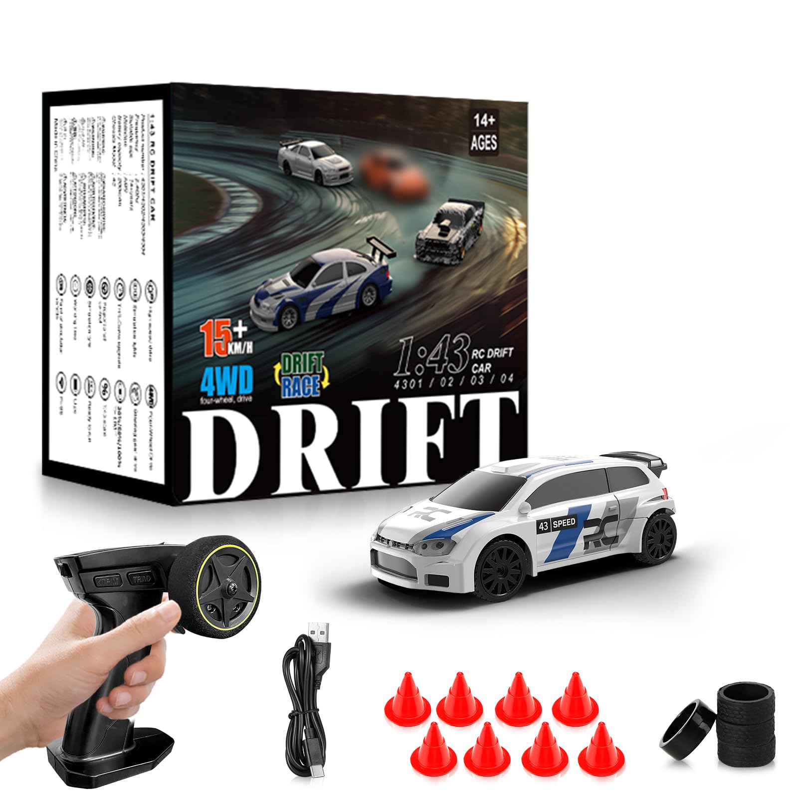 RCドリフトカー、ジャイロスコープ付き1/43ミニRCドリフトカー、2.4GHzフルプロポーショナルリモコンカー、ライト付き4WDハイスピードレーシング、レーシングタイヤ、モデルカーギフト 大人、子供、男の子、女の子へのギフト。