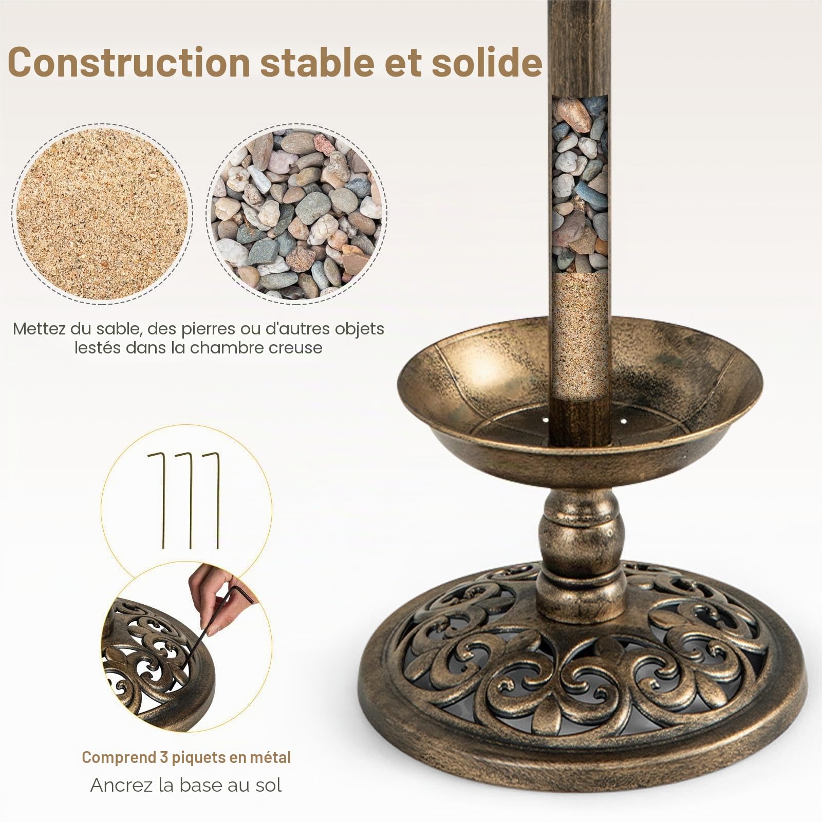 SOARS Mangeoire Oiseaux 2 Lampes à Energie Solaire Ø43 x 110H cm, Abreuvoir pour Oiseaux Sauvages Décoration pour Extérieur Style Antique Effet Bronze, Bain Oiseau pour Jardin, Balcon (Bronze Jaune) | Bain d'oiseaux antirouille avec pot de fleurs et mange