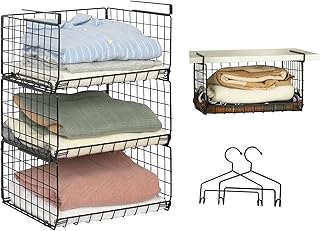 3-Tier Under Closet Shelf Basket Hanging Clothes Storage Organizer Slides Under Shelves Space Saving Stackable Cabinet Bin...