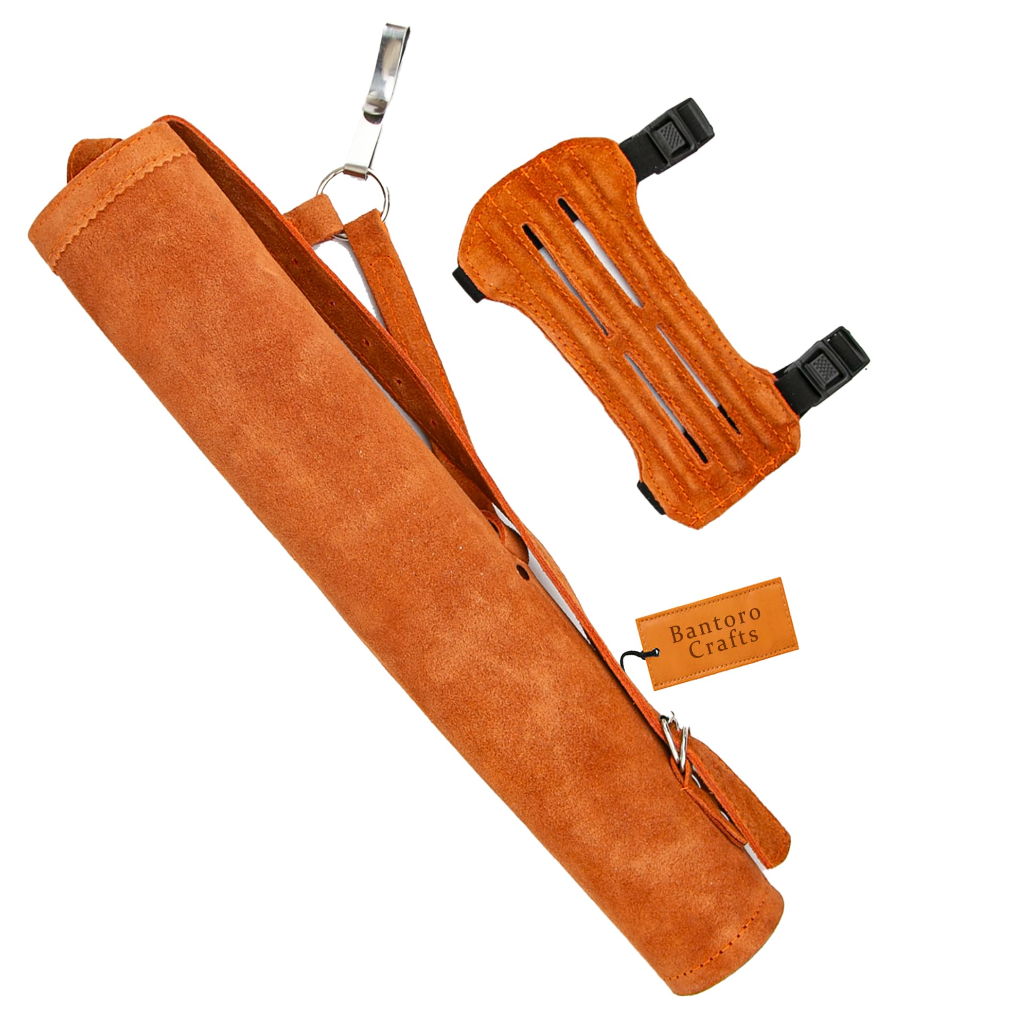 Carquois de tir à l'arc en cuir orange – Cuir de vache fait main – Bretelles et taille réglables – Crochets à dégagement rapide – Design durable
