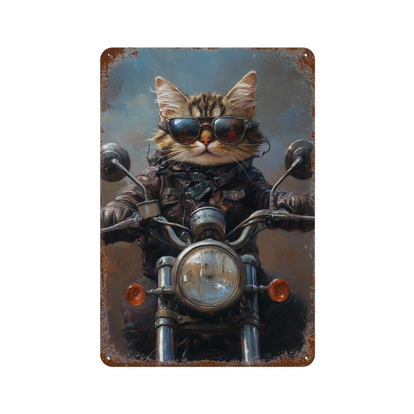Cool Cat Biker Art Print Distressed Metal Wall Sign 11.8"x7.9", for Basement, Hobby Room And Garage Decor, Shabby Chic Decor