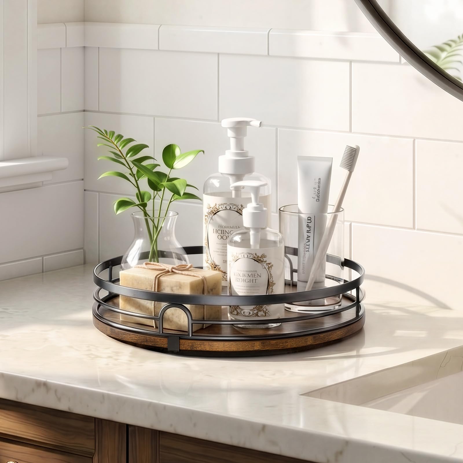 Lazy Susan Drehteller-Organizer für Tischplatte, rund, Holz, für Schrank, Arbeitsplatte, Speisekammer, Gewürze, Küche, Badezimmer, Waschtisch, Kaffee, Heimdekoration, 2 Stück