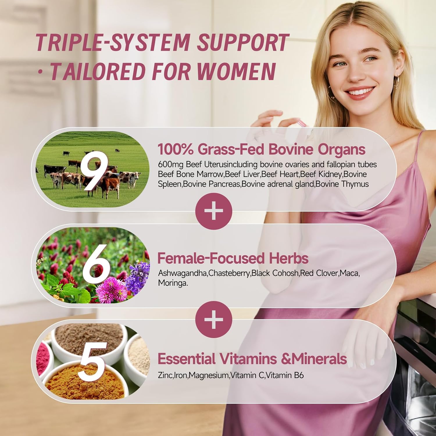 Beef Organs Supplement for Women: 600mg Beef Uterus, Liver, Kidney, Heart for Primal Energy & Hormone Support – Complex with Herbs, Multivitamin & Minerals – 60 Capsules Supplement - Image 3