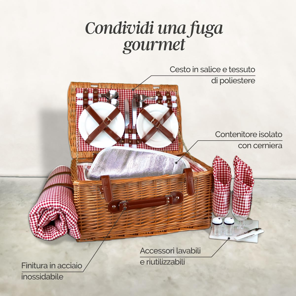 Linxor - Cestino da picnic isotermico con tovaglia e accessori - 4 persone