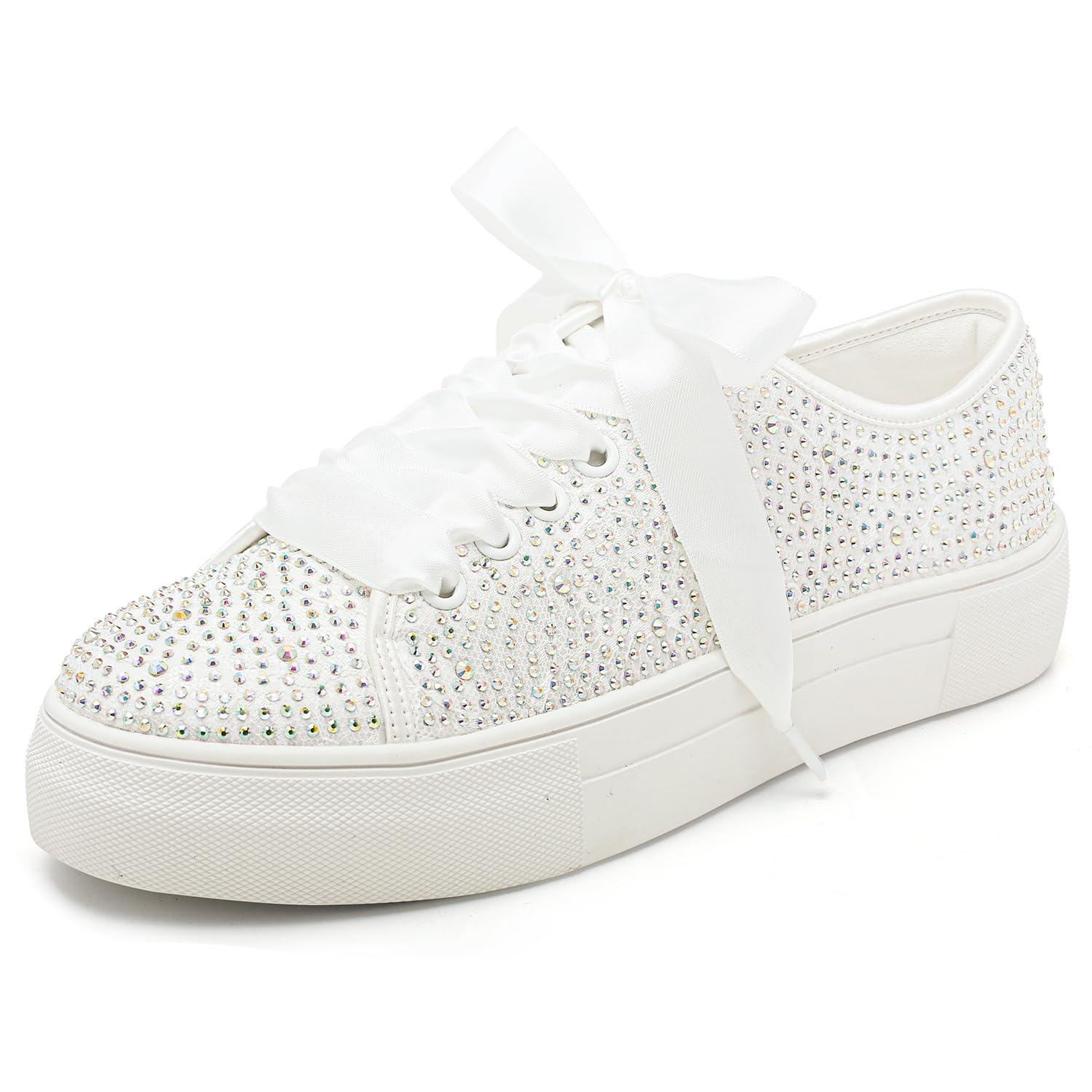 Elivandon9995 Wedding Shoes Lace Bridal Sneakers Platform Bride  Tennis Shoes Sparkling Rhinestone Wedding Sneakers