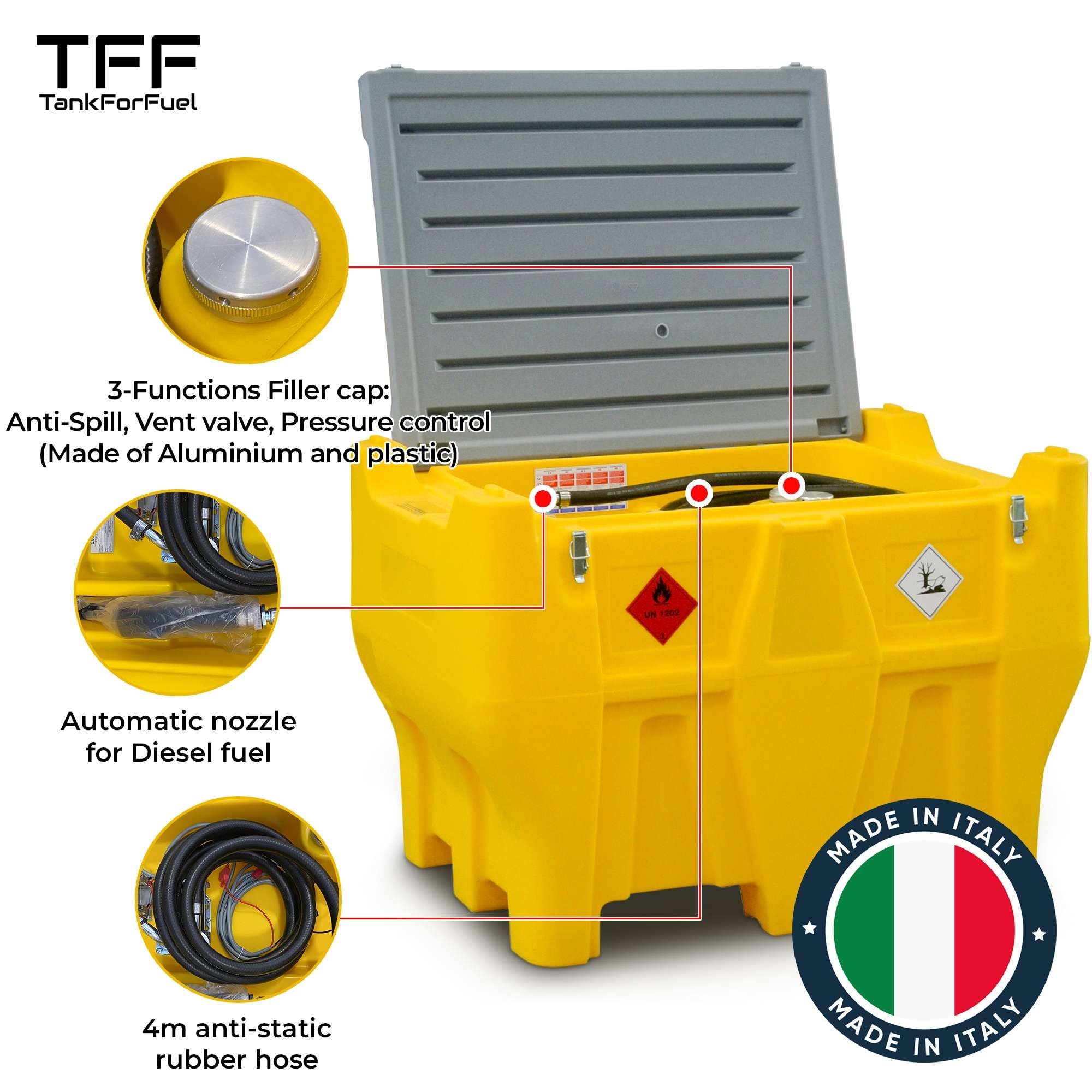 TFF Deposito Gasoil Portátil, 440 Litros con Bomba Gasoil 12V DC capacidad 40 l/min. Depósito Gasoil para PickUp con cable de alimentación, manguera flexible de 4 m y Pistola Gasoil Automatica