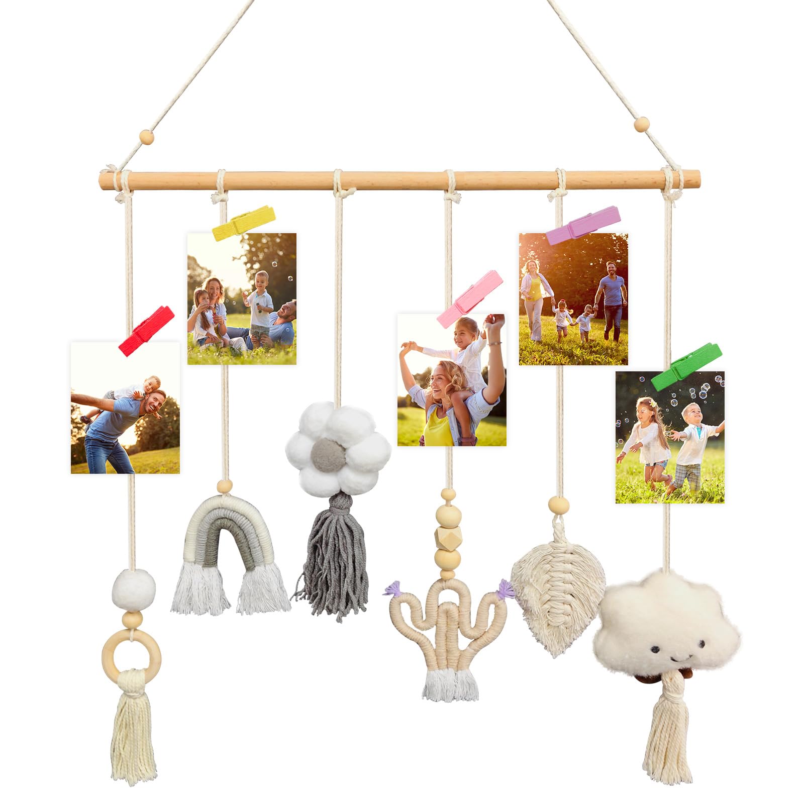 Hanging Photo Display Wall Decor, Macrame Boho Bedroom Decor Picture Frame Collage Board with 12 Wood Clips for Home Nursery Wall Decor with Cute Pendant For Kids Teen Girls Christmas Birthday Gift