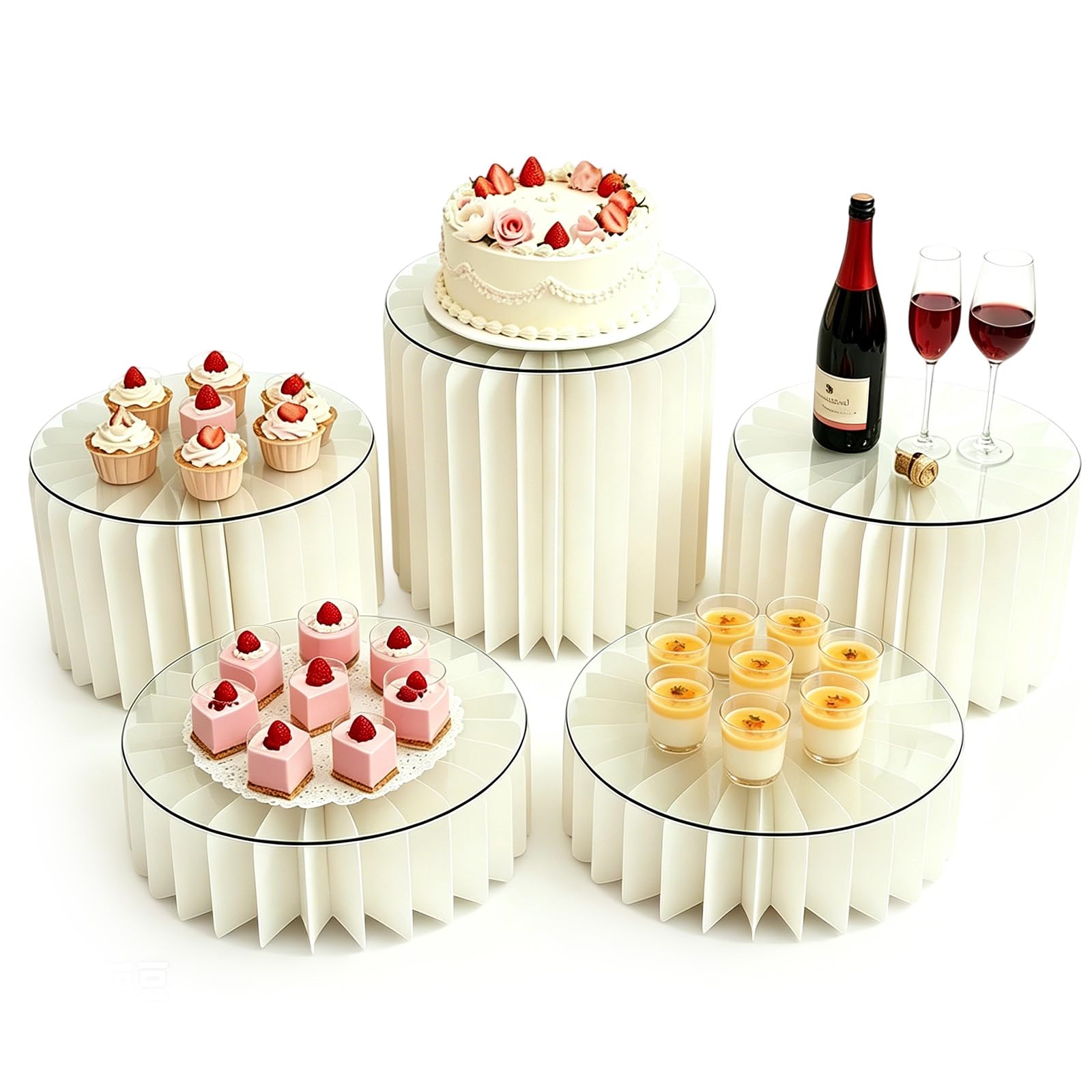 FARYODI Lot de 5 supports à dessert pliables, rehausseurs de buffet à plusieurs niveaux en acrylique et carton, empilables jusqu'à 70 cm, supports à gâteaux réutilisables pour mariage, anniversaire